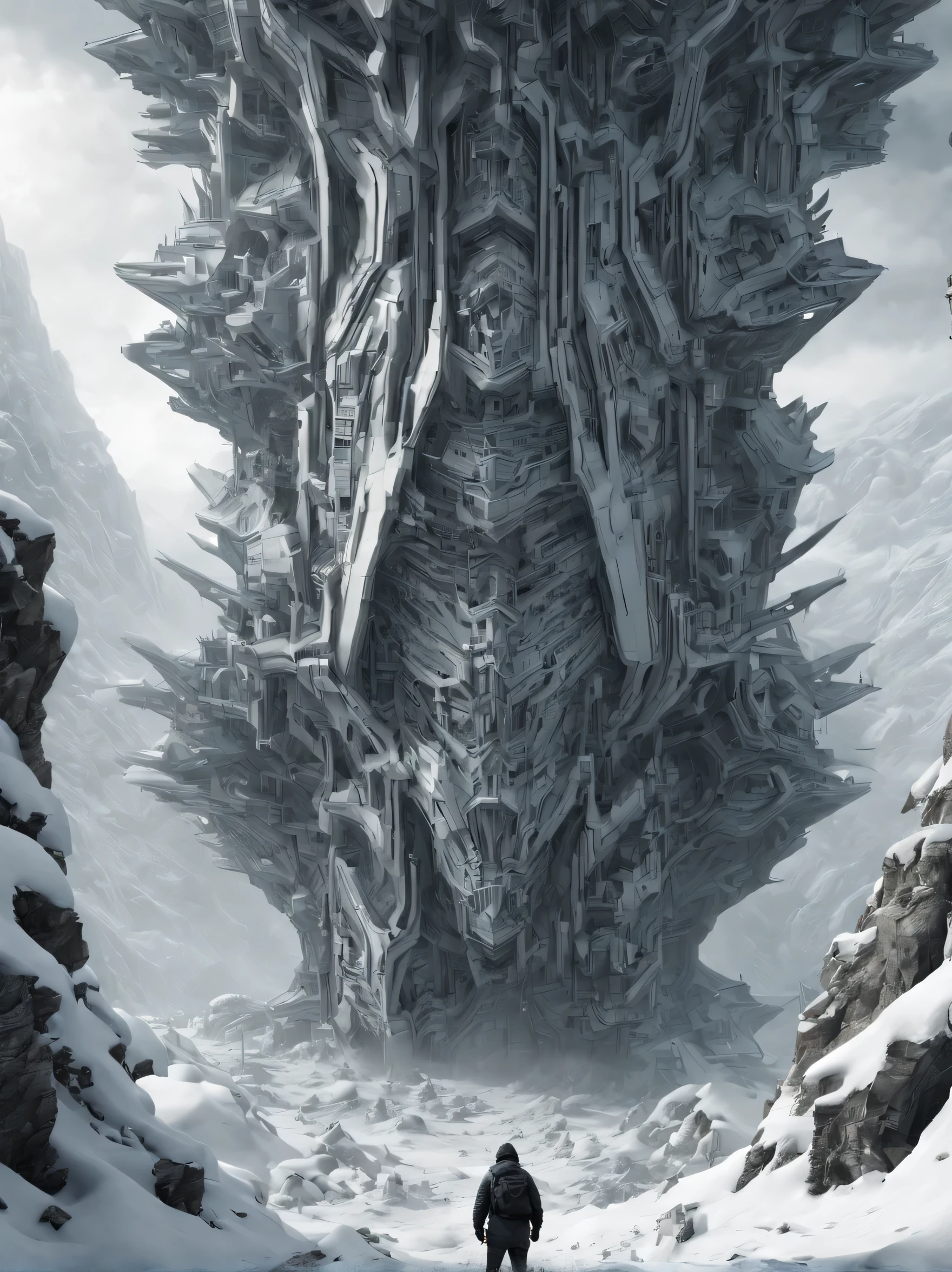 abstract shaped branched fractal sci fi alien headquarters, lots of sci fi greeble panels, a man in foreground to show the scale of head quarters, fractal texture, rough texture, photo, photorealistic, extreme details, epic scale, weathered metal, on the edge of top of a snow mountain, blizzard, dense fog, cinematic scene, dramatic,