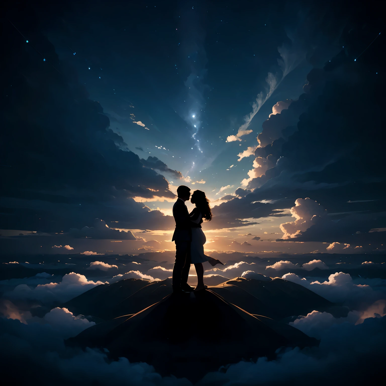 Full body silhouette of a man and woman lift up in a flow of light, cloudscape,minimalistic, cuddling, unity, energy, Love, creation life, universe