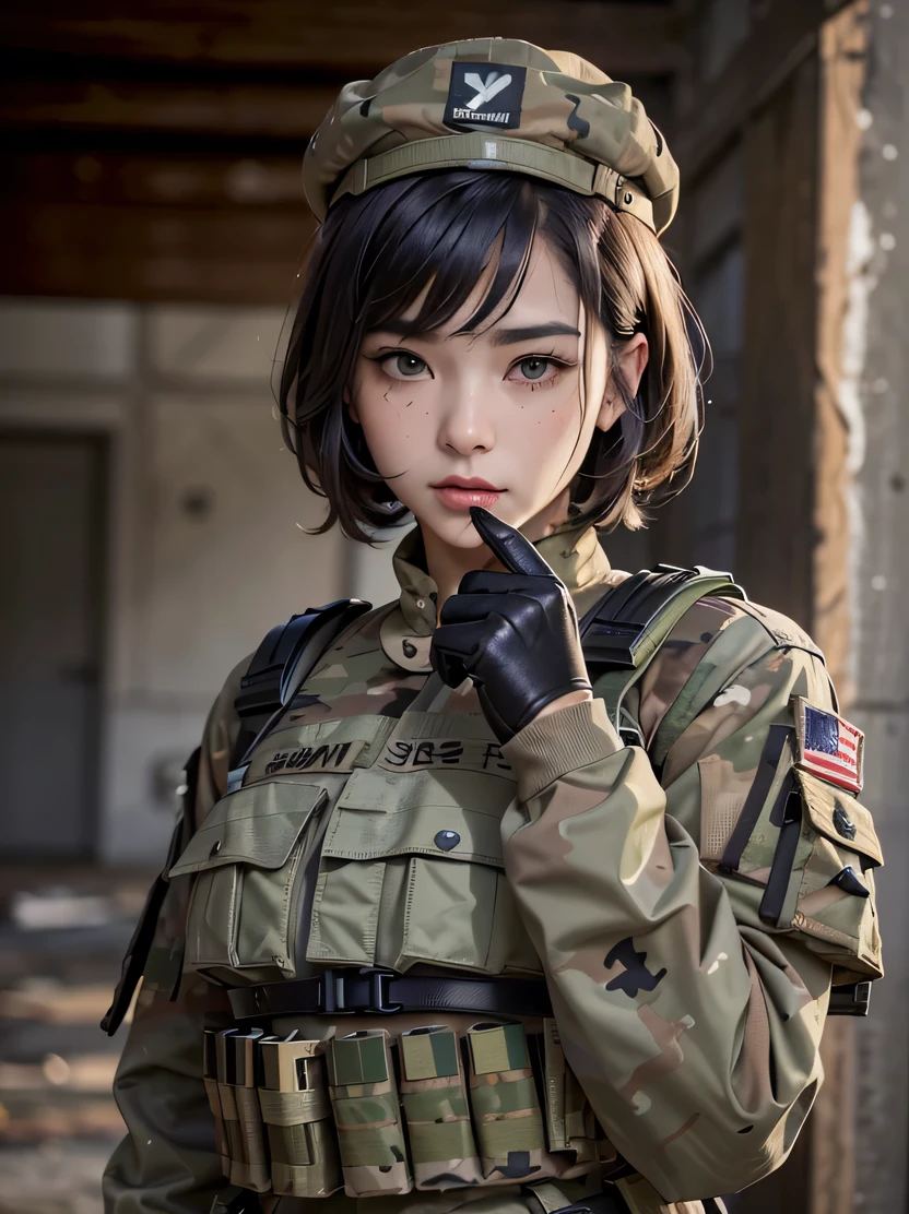 ((masterpiece、top-quality、realisitic、ultra-detailliert、hight resolution、Photorealsitic、foco nítido))、Stunning portrait of a beautiful woman、cowboy shot、Focus from the waist up、With an oval face and symmetrical facial structure、big eye、A detailed eye、Soft skin、pale white skin、Mouth closed、Blood on the face、sad Facial expression、Soldier's hairstyle、short cropped hairstyles、military hat、Army camouflage uniform、Camouflage Tactical Vest、Long trousers with camouflage pattern、Combat gloves、rucksack、Black Military Undershirt、Tanks on the background、White smoke、Detailed hand depiction