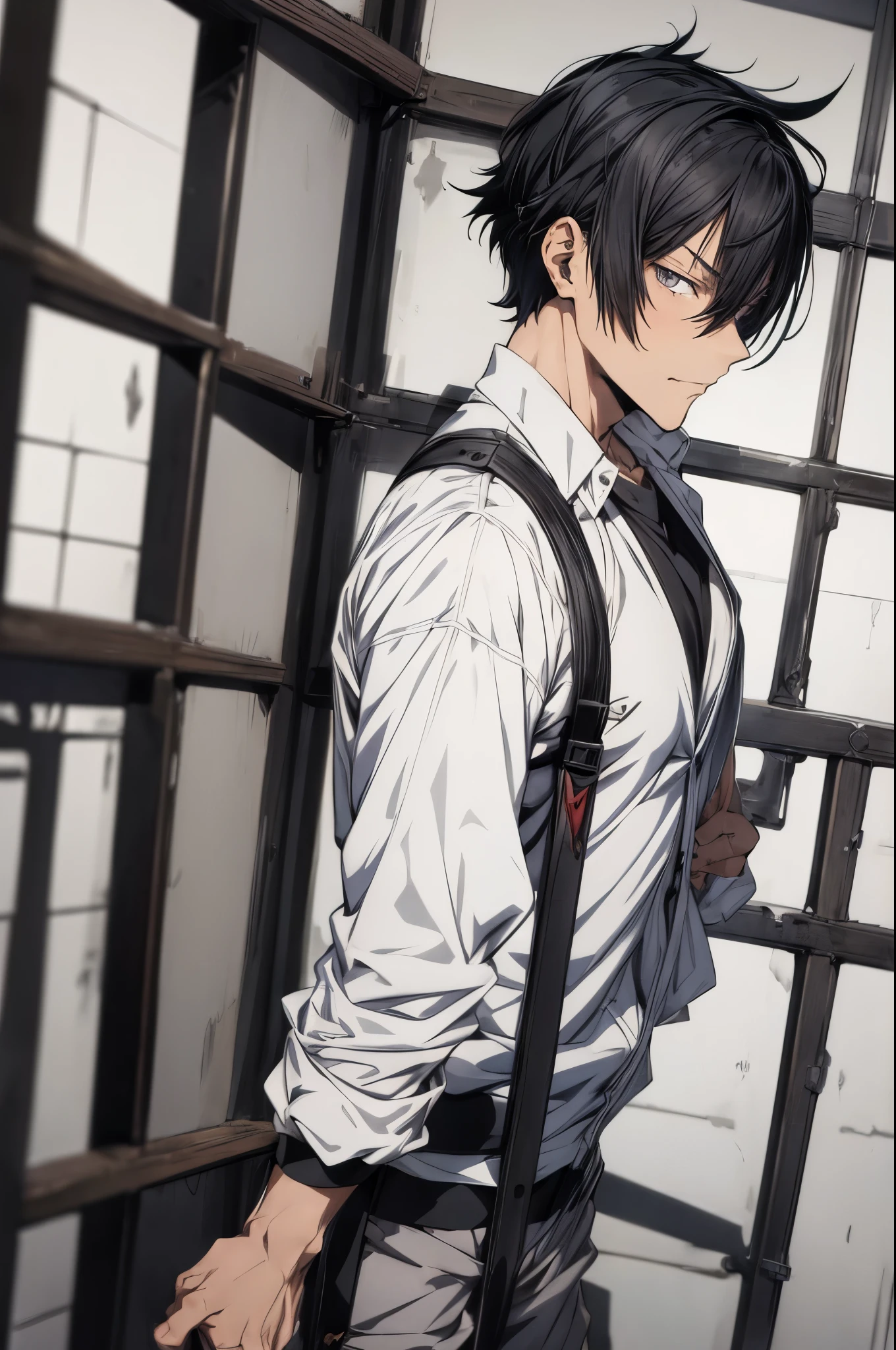(flat color:1.1),(masterpiece:1.2), best quality, masterpiece, original,short black spiky hair, (mature handsome anime man looking at the camera with a smug expression:1.2), wearing prison uniform, convicted felon