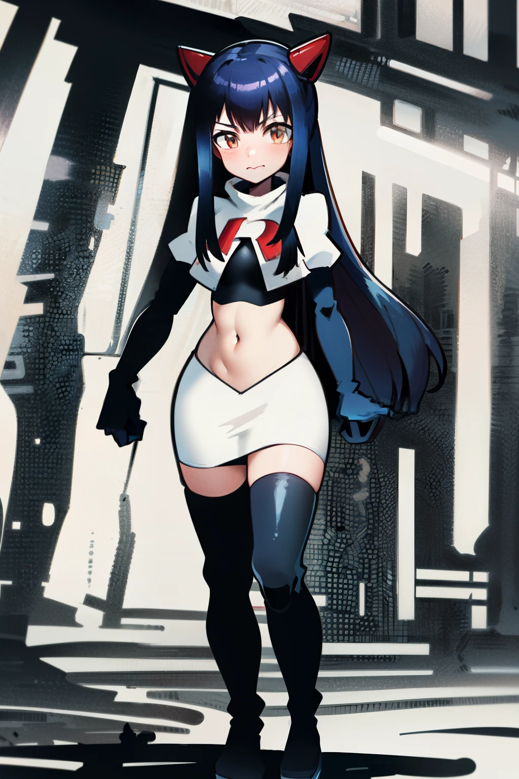 masterpiece, absurdres, Wendy_Marvell, 1girl, solo, long hair, looking at viewer, hair ornament, twintails, brown eyes, blue hair,team rocket,team rocket uniform,white skirt,red letter R,crop top,black thigh-highs,black elbow gloves,