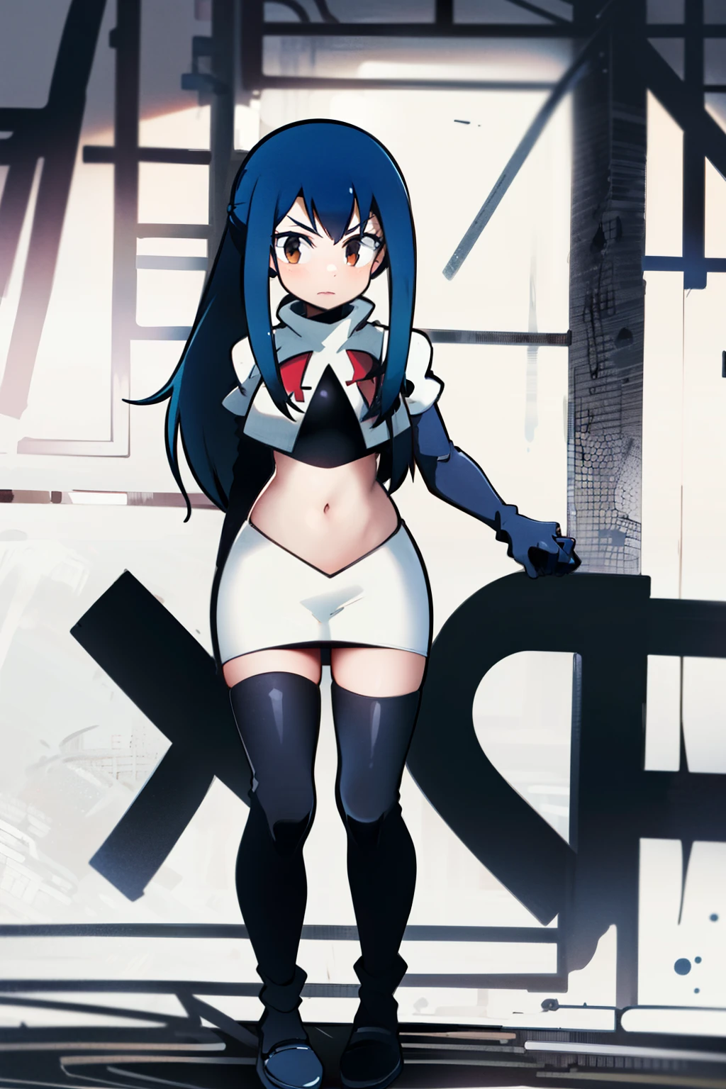 masterpiece, absurdres, Wendy_Marvell, 1girl, solo, long hair, looking at viewer, hair ornament, twintails, brown eyes, blue hair,team rocket,team rocket uniform,white skirt,red letter R,crop top,black thigh-highs,black elbow gloves,
