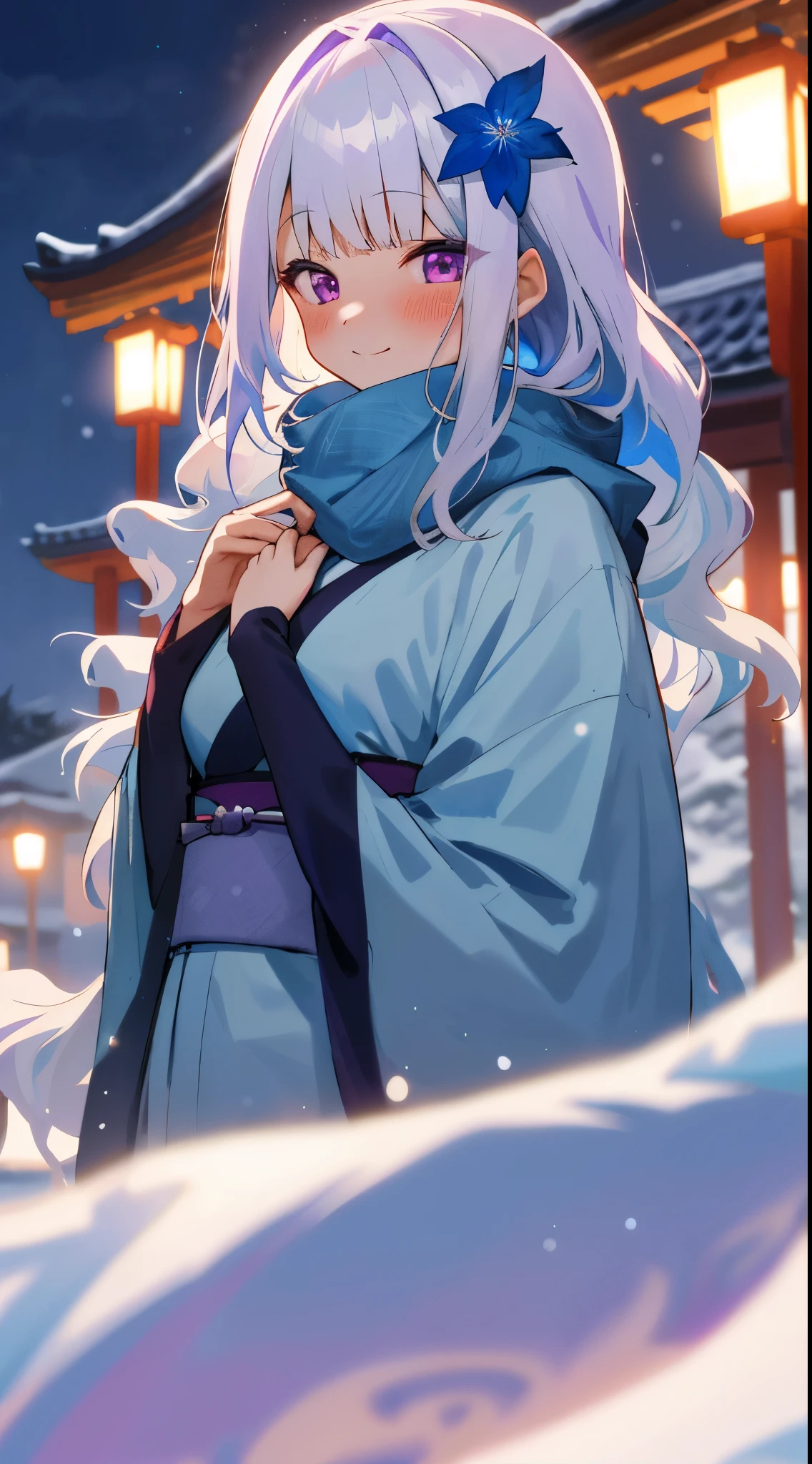One girl with long wavy hair, bangs, white hair, blue inner hair:1.25) , purple eyes, looking at viewer, blushing, little smile, light blue kimono, flower pattern, temple, winter, winter scarf, dizzy, mid-chest, night atmosphere, hair ornament, medium breasts, upper body, focus, blurry background