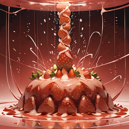 A pastry chef covered in boiling strawberry insect parfait ramen serving a giant strawberry、Amazing dynamism、Amazing Angle、Whirlpool sandstorm of unstable buoyancy、(((Many friendly strawberry insects float closely together and chase each other.)))、surround each other'giant strawberry bug、