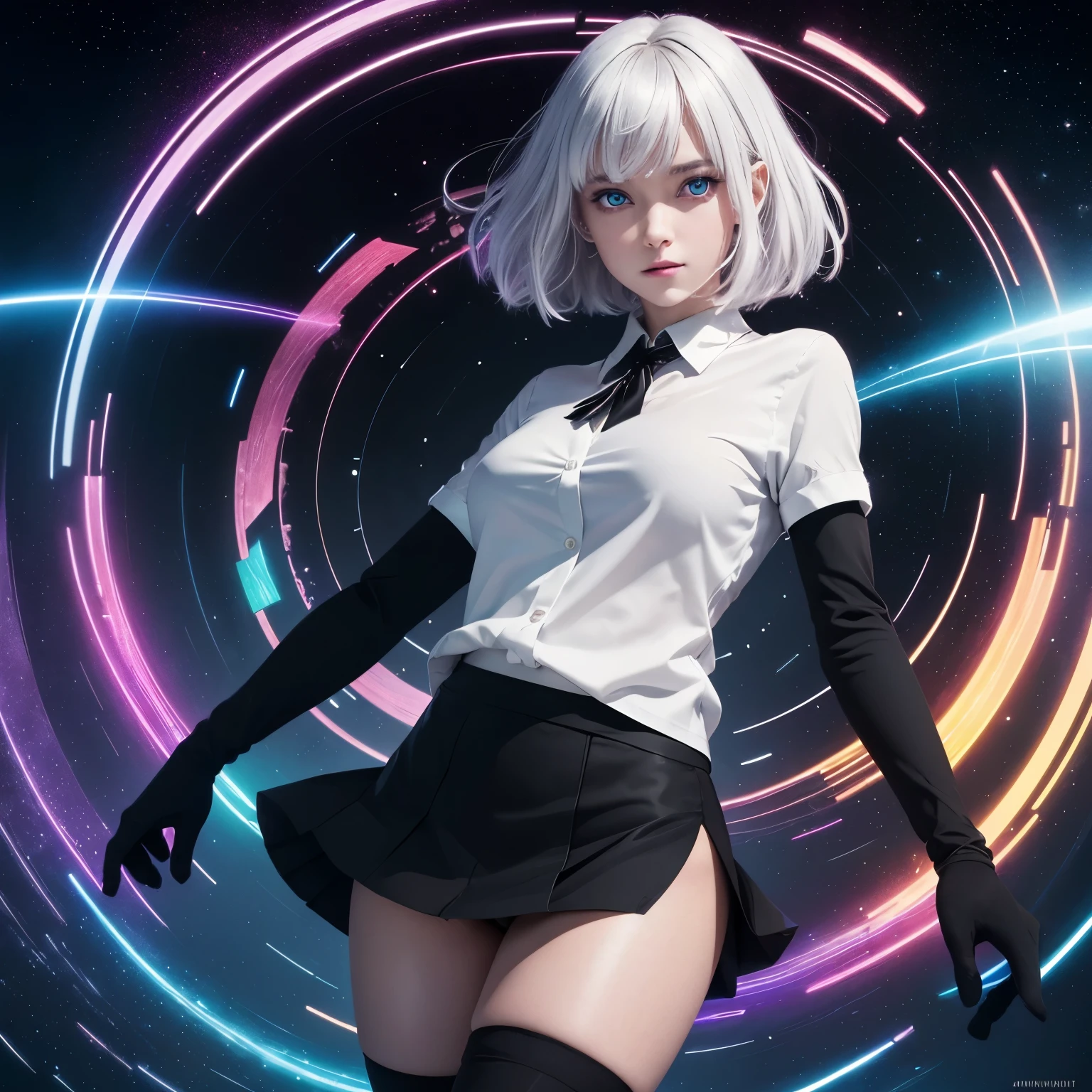 (best quality, 32k, RAW photo, incredibly absurdres, extremely detailed), anime, illustration, intelligent beauty, magic tact and spins it while saying a spell, laugh like a prankster, happy, shy, white glossy flowing layered messy iridescent short hair, blue sparkling big eyes, full makeup, red alluring moist big thick lips, amorous expression, lewd expression, (white shirt, black miniskirt, black knee high socks, thighs:1.4), huge breasts, slender, perfect proportion, BREAK , (delicate, flashy and dynamic depiction), kaleidoscope, huge magic circle, pale full moon, static electricity, electric discharge, geometric pattern, irregularity, mysterious, sign of something happening, wide space at night, night sky, colorful, digital, art, background galaxy, rainbow colors neon line light, professional lighting, Harry Potter style, Ghibli style