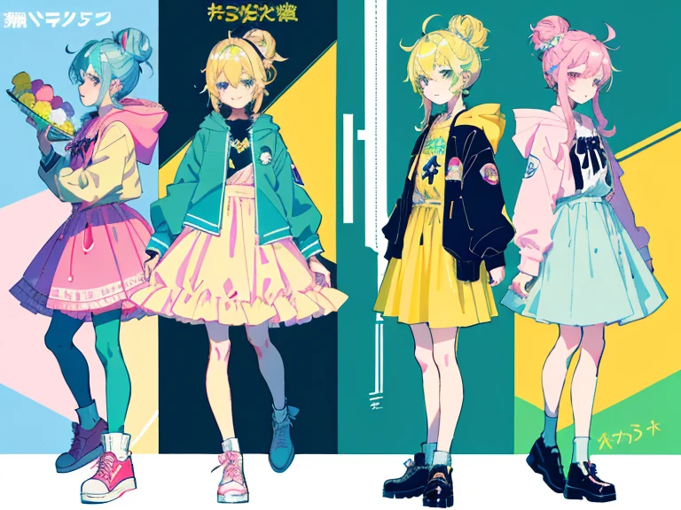 supreme， green down jacket，lime color hair，Pink глаза，Standing on your feet，submachine gun，Detailed Genshin graphics，anime character design，anime concept art，pretty anime character design，anime character reference sheet，[Character design]，a 1girl в, ((Character information)、(Chara Leaf)、pastel dimmed colors, (Yellow color palette.:1.2, Blue:1.2, Pink:1.2), (Blue hair bun and blonde), Short fashionable skirt, Sitting on a throne of sweets and pastries, For example, doughnut, splash, candy, Lollipop, lollipop cane, a cake, cupcake, Cake Pop, Ruffles and lace, polka dot,(Lush pastel dresses), petite girl,Type sheet, Character Sheets, Three types，Shot Full Body，Game Character Design, green color, Green hoodie，a 1girl в, 2 d anime style, anime art style моэ, Jazz & Increased, cute art style, Иллюстрация in anime style, anime girl, Author: Kamagurka, at pixiv, pixiv style, pixiv, in anime style, anime art style, Full Body Commission, a 1girl, Holds out his hand, holding phone with shoulder length hair, baseball uniform