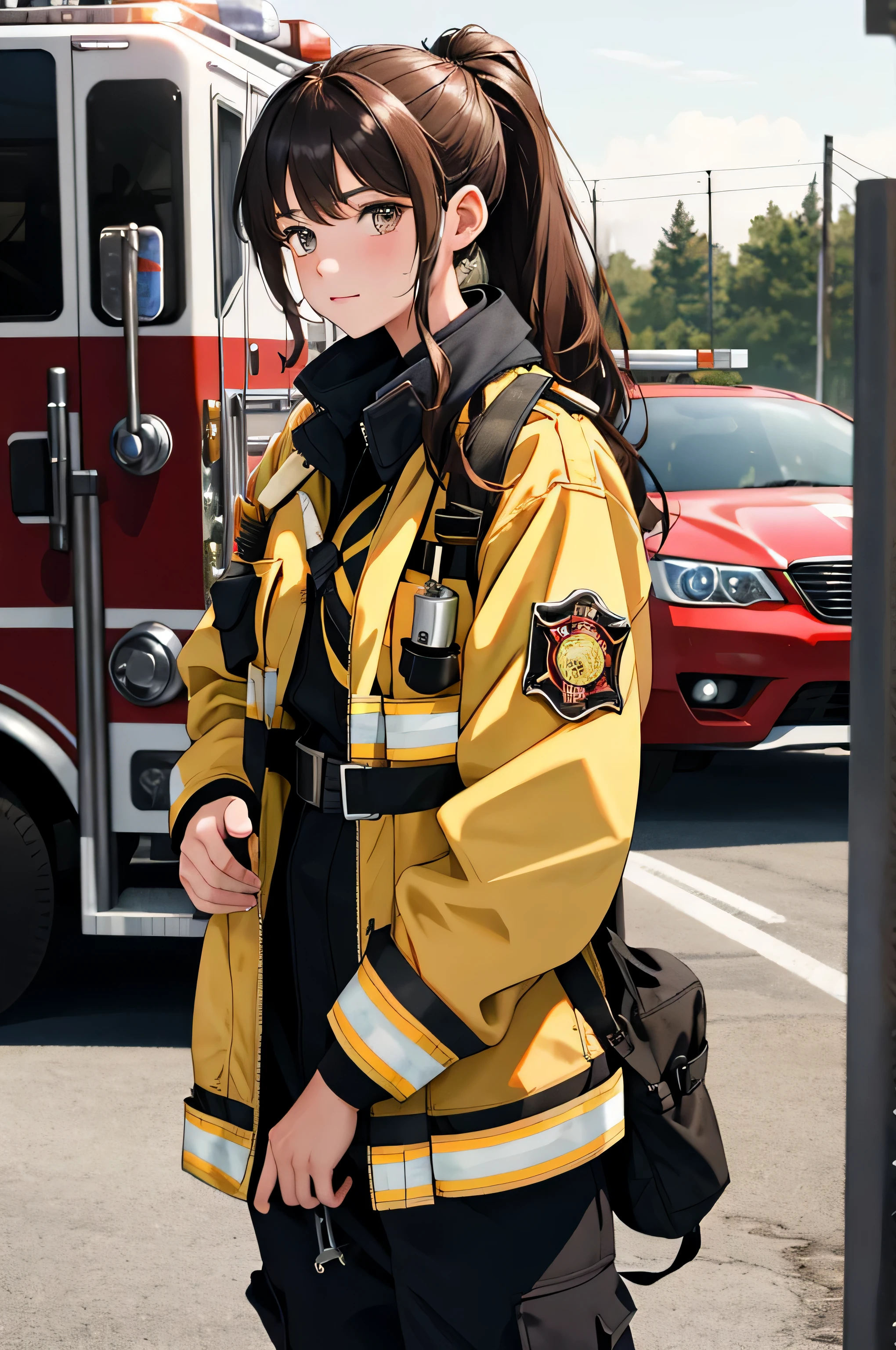 {there is a young girl at a fire department training yard. she is beautiful, and attractive. she is dressed in a firefighters uniform. she has beautiful long brown hair, and beautiful hazel eyes. she has her hair fully tied up. she is holding a jaws of life tool. behind her is a wrecked car. the training yard is wide open. there is a building in the far background. there is other firefighters near her.}, {best quality}, {{masterpiece}}, {highres}, {{{8k}}}, extremely detailed girl, {{{caucasian skin}}}, {{{detailed face}}}, {photo-realism}, {{perfect ???????}}, sharp focus, {{{character{1 girl}}}}, solo, {{{{{sharp focus}}}}}, {{{detailed cloth texture}}}, {{{detailed skin texture}}}, {{{smooth lighting}}}, {{australian decent}}, {{18-years old girl}},