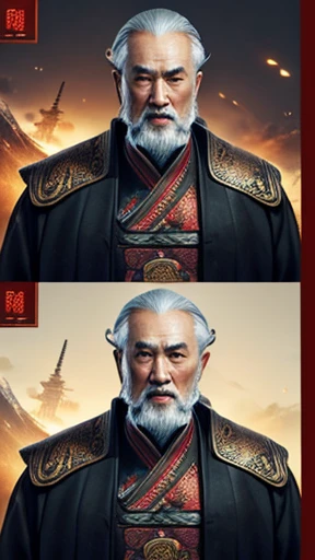 oriental、Old man wearing ancient Chinese armor、old man with ancient chinese hairstyle、three kingdom、multiple warlords、top-quality、​masterpiece、超A high resolution、(Photorealsitic:1.4)、Game Posters、