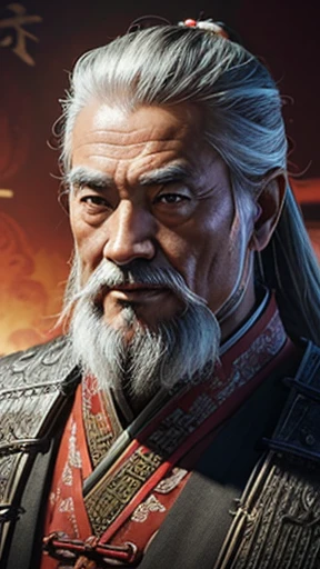 oriental、Old man wearing ancient Chinese armor、old man with ancient chinese hairstyle、three kingdom、multiple warlords、top-quality、masterpiece、超A high resolution、(Photorealsitic:1.4)、Game Posters、