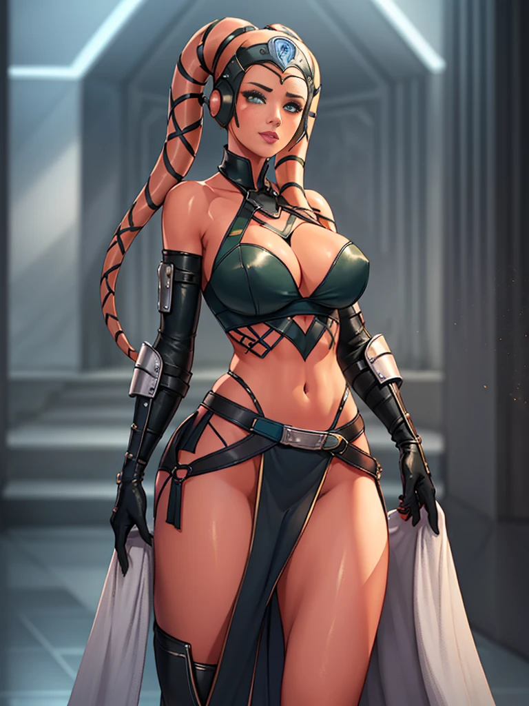 (best quality, masterpiece, highly detailed), 1girl, (green skin), sexy Twi'lek, large breasts, Jedi, dark brown robes, Jedi robes, beige tunic, loose trousers, long boots, brown cloth, buckles, straps, Star Wars, lekku markings