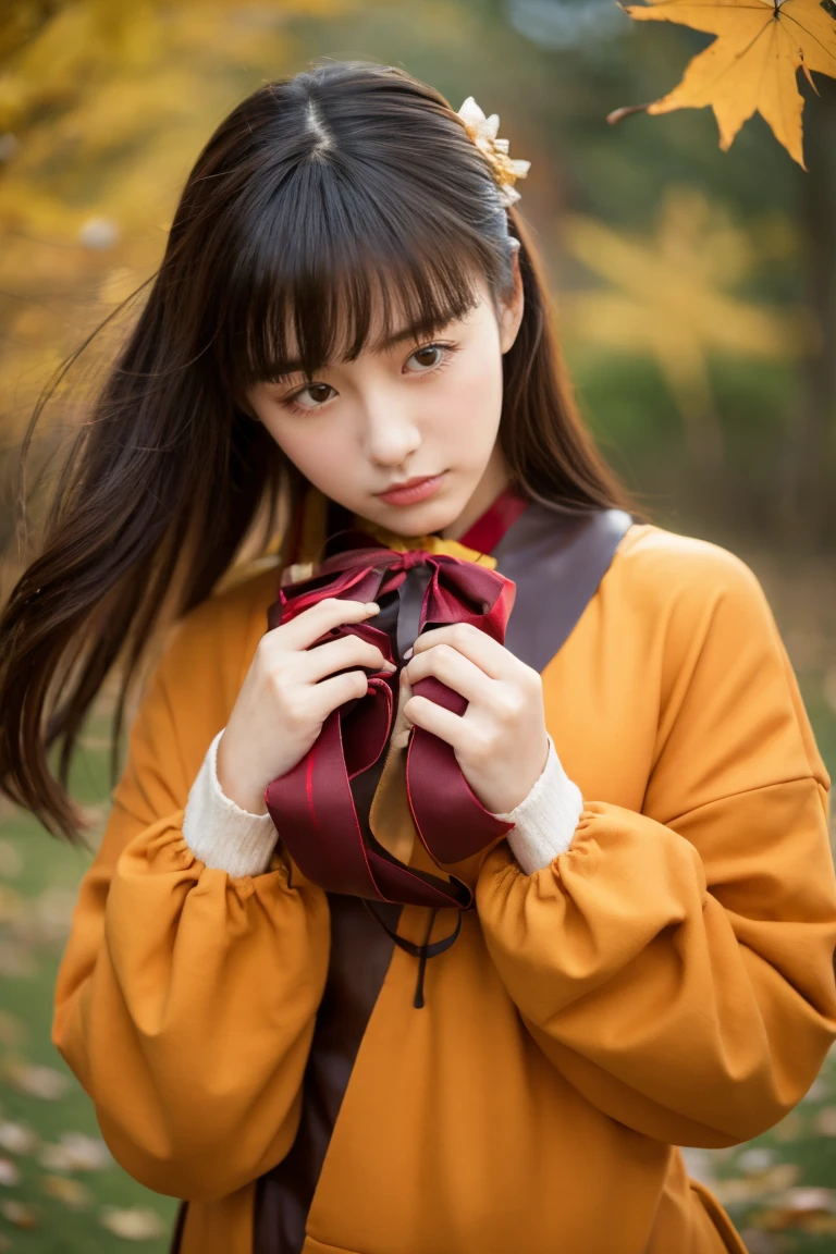 Two beautiful girls wearing autumn clothes、14years、bow ribbon、japanes、(heavy wind)、wistfulness、Spinning、