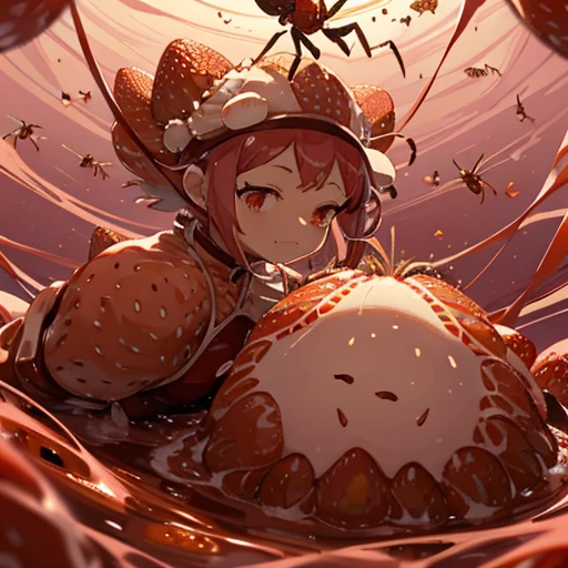 A pastry chef covered in boiling strawberry insect parfait ramen serving a giant strawberry、Amazing dynamism、Amazing Angle、Whirlpool sandstorm of unstable buoyancy、(((Many friendly strawberry insects float closely together and chase each other.)))、surround each other&#39;giant strawberry bug、