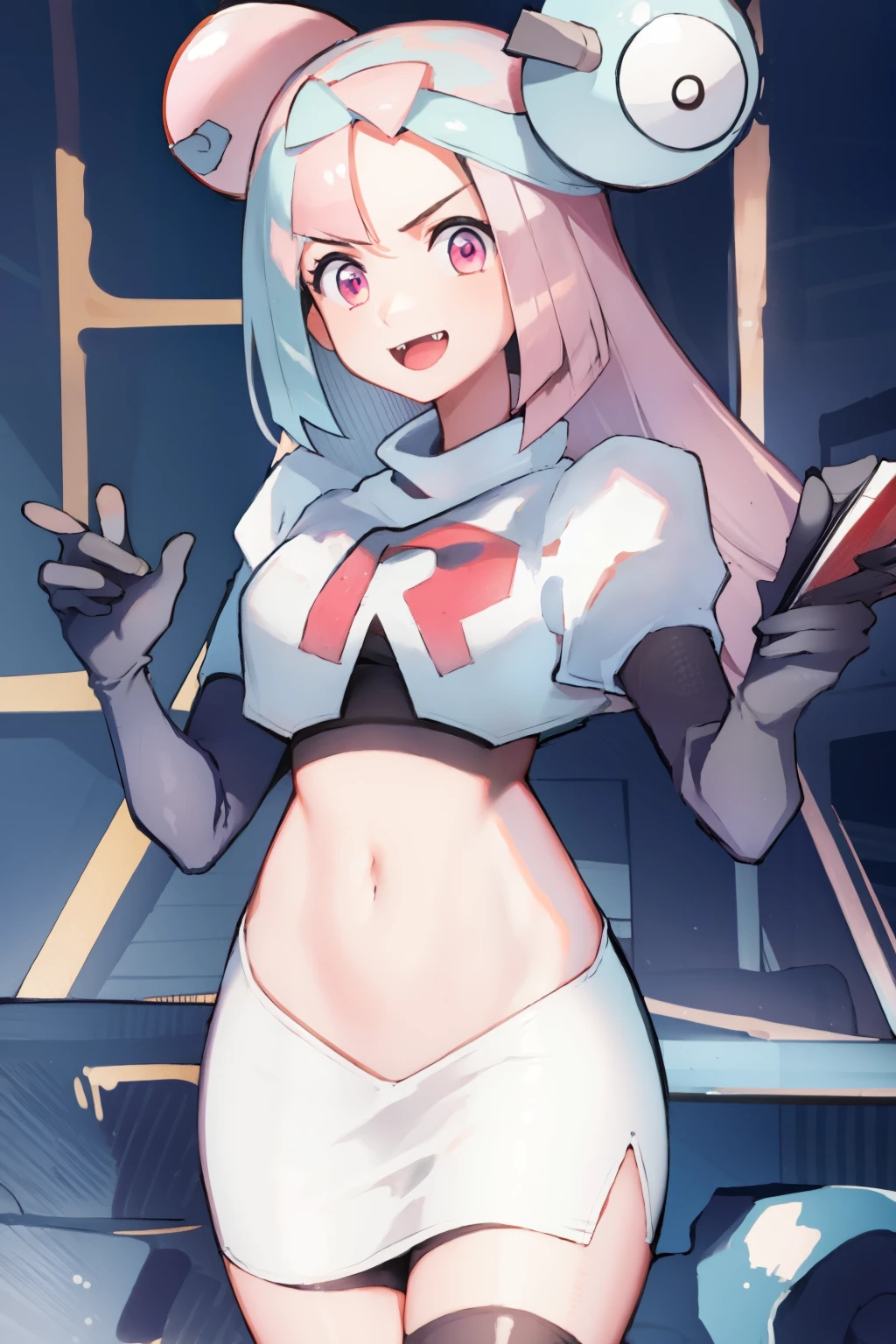 iono,1 girl,pink eyes,solo,smile,open mouth,fangs ,team rocket,team rocket uniform,white skirt,red letter R,crop top,black thigh-highs,black elbow gloves,