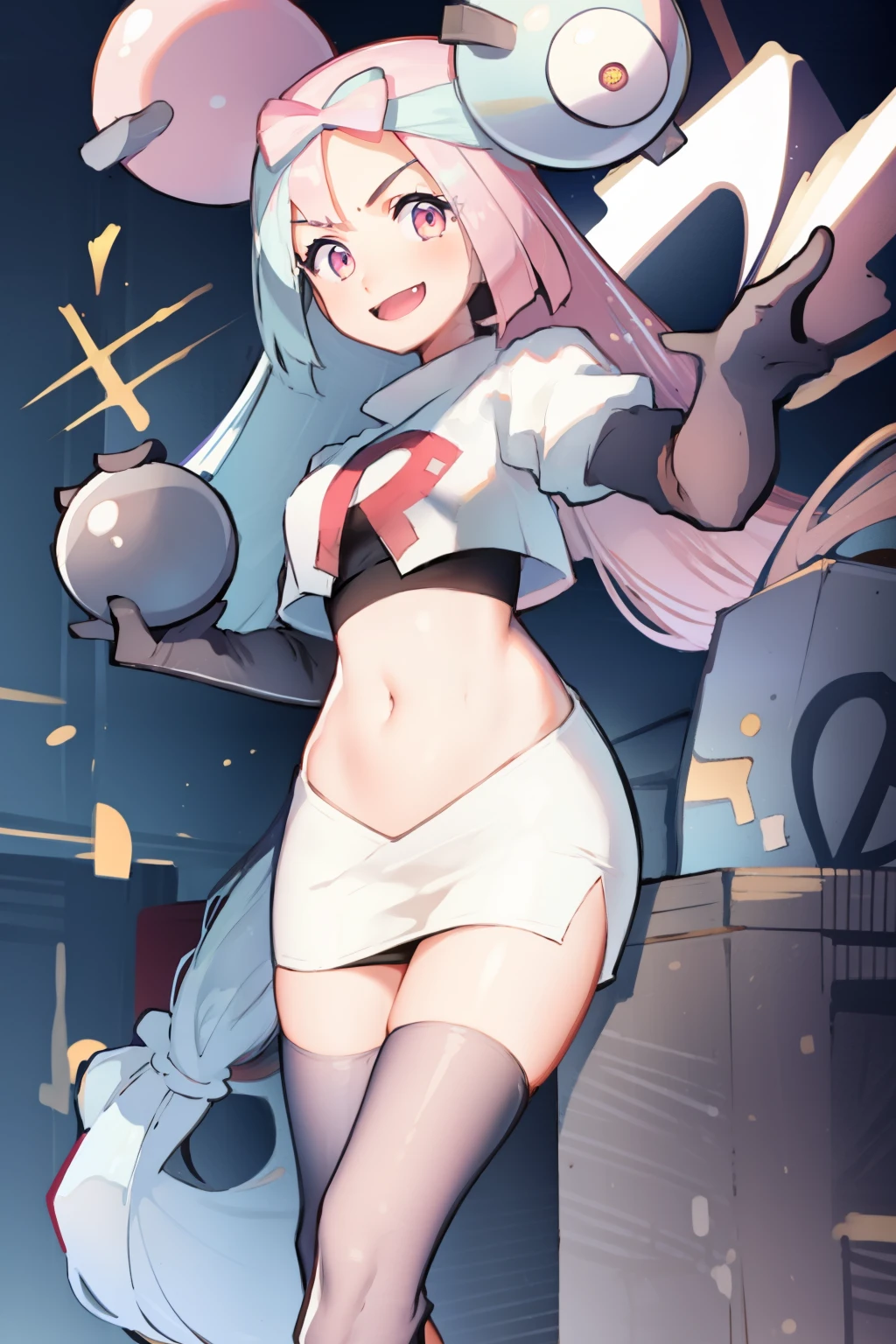 iono,1 girl,pink eyes,solo,smile,open mouth,fangs ,team rocket,team rocket uniform,white skirt,red letter R,crop top,black thigh-highs,black elbow gloves,