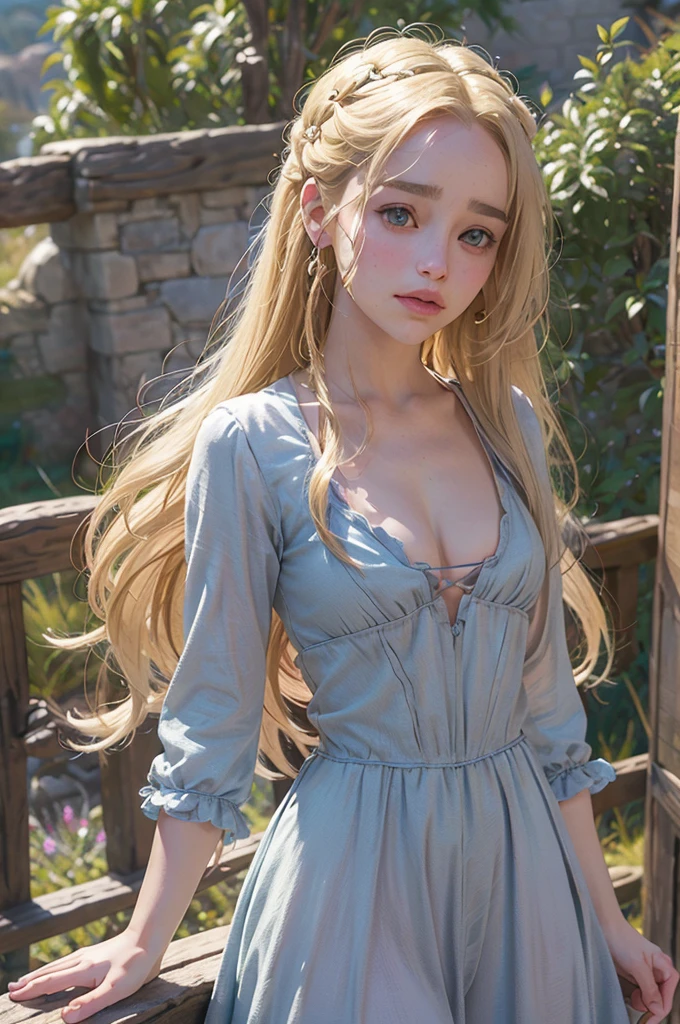 Emilia Clarke como rapunzel, senos grandes , cabello blanco, pechos enormes , cuerpo hermoso, la mejor calidad 8k HD, ultra detallado , obra maestra