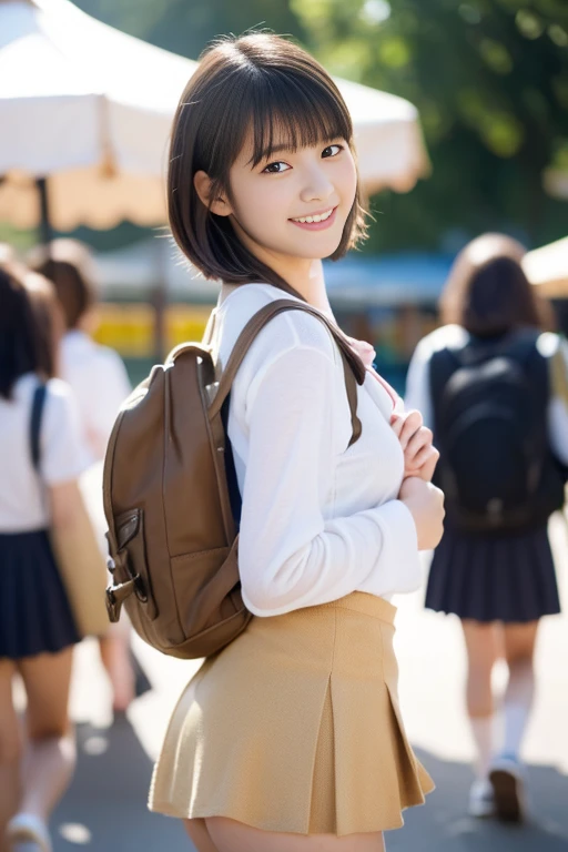 (((​masterpiece))),  (One beautiful Japan girl, classmates, Innocence，kawaii) ，超A high resolution, Realistic, ultra-detailliert, 8K,top-quality, Extremely detailed, blurry backround,A slender,very beautiful japanese girl, Detailed face:1.3), (Boyish short-haired，A dark-haired :1.4), (a baby face，kawaii系,adorable 14 year old girl), (Perfect body:1.1),  (Brown vest, Light brown pleated mini skirt), A smile that makes you want to hug，Show your beautiful teeth,Super Detailed Face、Detailed lips、A detailed eye、small gravure idol，Transparent skin、Lori，Carrying a backpack，((The wind blows and the skirt flips up, White panties are visible))，Date at the amusement park，Neutral Lighting，posterior view、Enlarge the buttocks、Looking up from the ground，playful pose, natural beauty,Warm tones