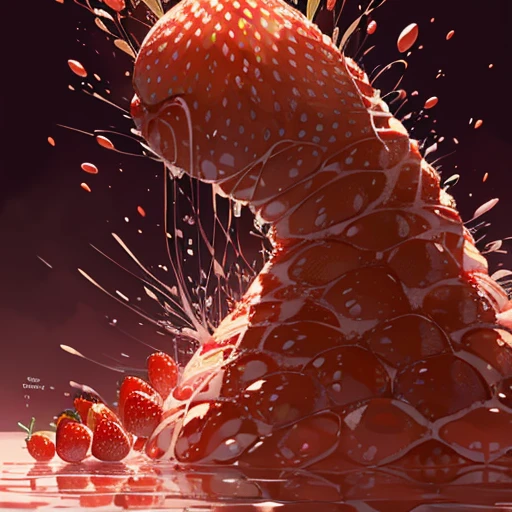 A pastry レスラー covered in strawberry parfait serving a giant strawberry、amazing dynamism、amazing angle、A swirling sandstorm of unstable buoyancy、(((A lot of friendly giant strawberries gather together and float around chasing each other..)))。surround each other'giant strawberry、spiral