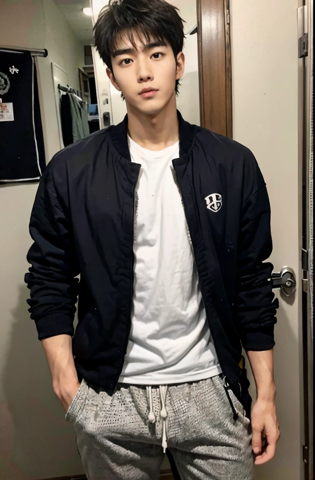 1 handsome Japanese guy，age 22，Male college student，Housemates，hostel，Cool and fashionable，self-assured，Ruffian，leisure wear，tall，Muscles look good，hairy bodies，with fair skin，黑The eye（thin eyes 1：3），fully body photo