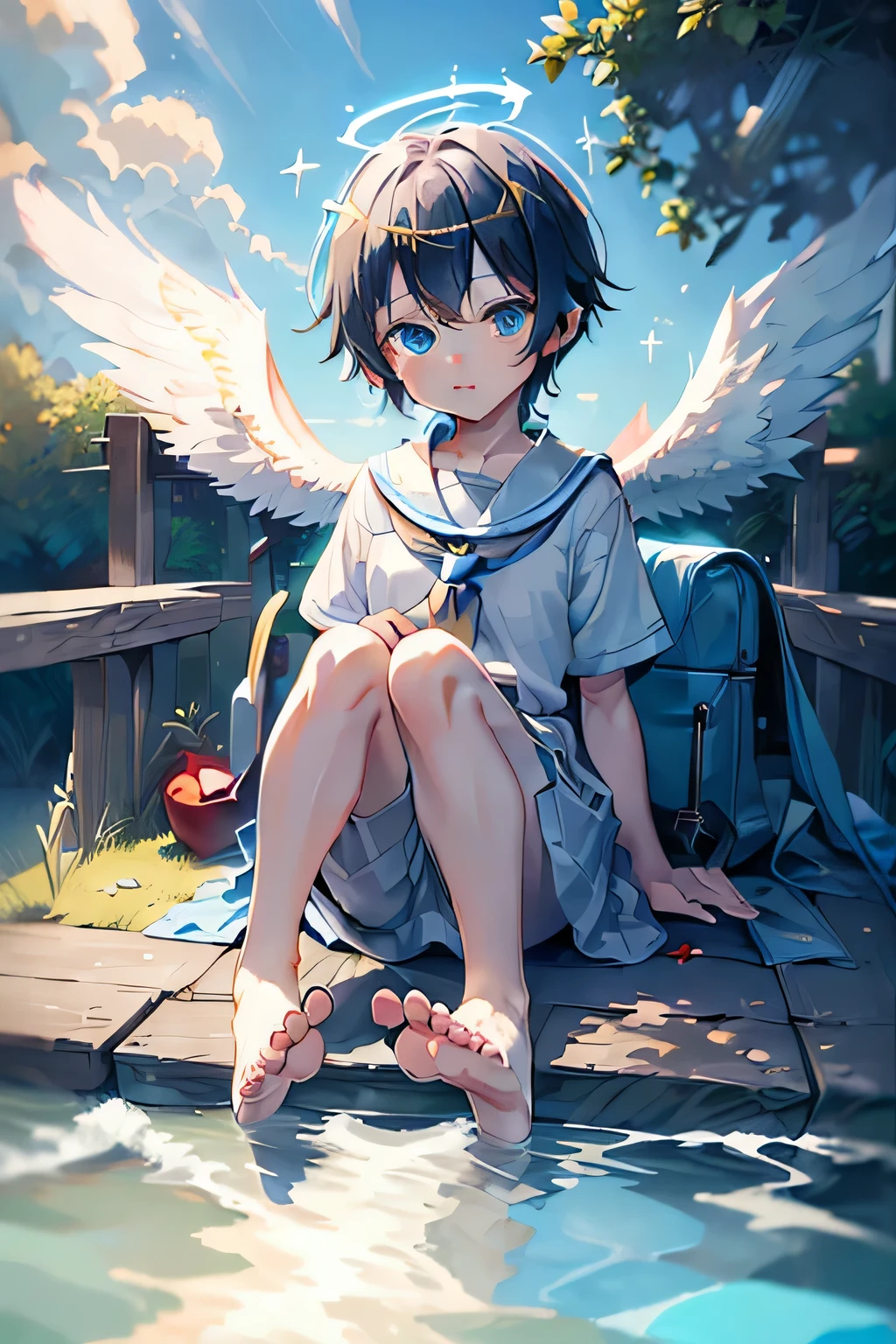 4K, (tmasterpiece:1), Little schoolboy with blue colored hair and shiny, sparkling blue eyearefoot，On the back grow angel wings, wearing sankta clothes, Sit on the sidewalk, young, schoolboy, Gamine, small, toddler, tiny feet, focus on feet, Sexy feet, The face is red, (young:1.4), (Gamine:1.4), (shota:1.4), (male people:1.4), (schoolboy:1.4), (sankta:1.4), (sankta clothes:1.4)