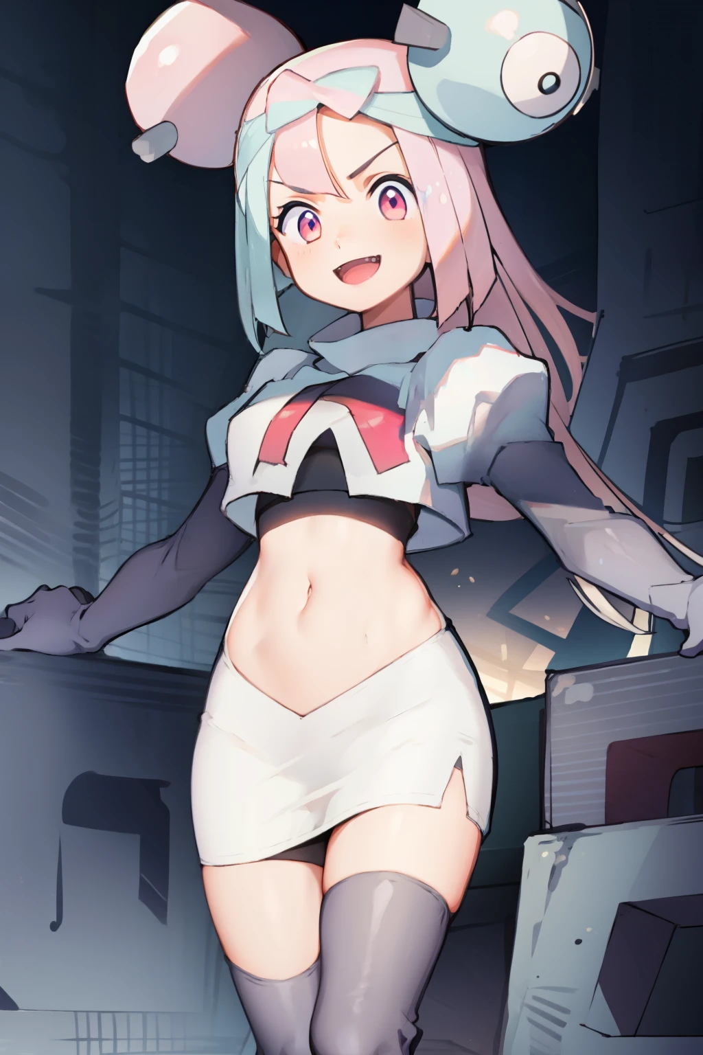 iono,1 girl,pink eyes,solo,smile,open mouth,fangs ,team rocket,team rocket uniform,white skirt,red letter R,crop top,black thigh-highs,black elbow gloves,
