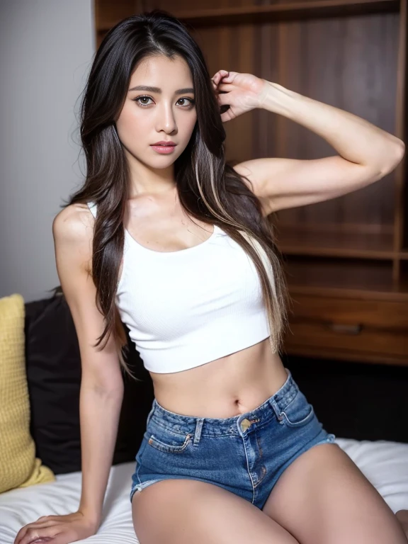 ((midnight, best quality, 8k, masterpiece :1.3)), full body, long legs, sharp focus :1.2, a beautiful woman with perfect figure :1.4, slim abs :1.1, ((dark brown hair, :1.2)), highly detailed face and skin texture, detailed eyes, double eyelids, white shirt, open waist, denim shorts, sexy, interior scene