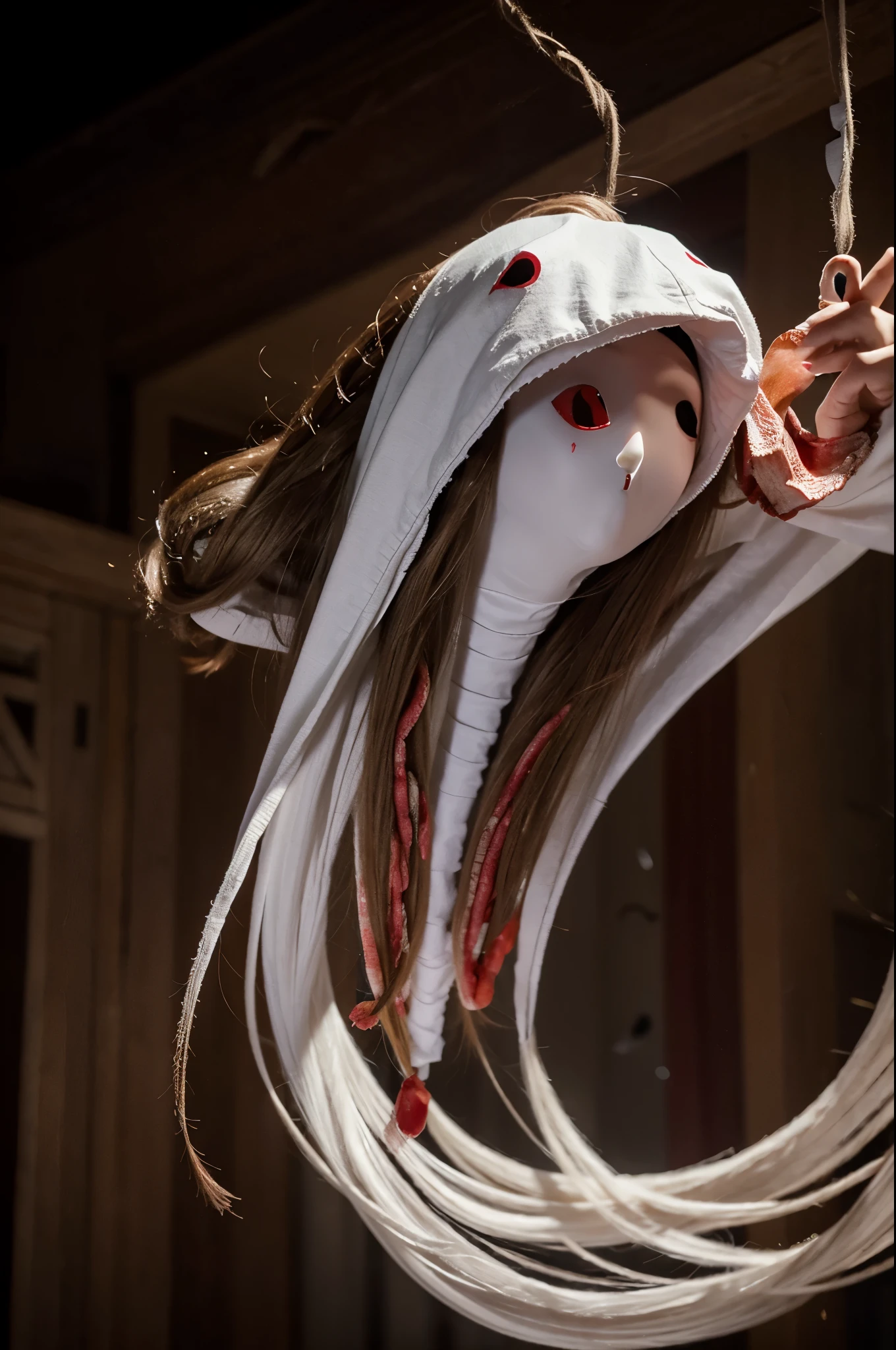 a red-eyed, long, tangled haired ghost head flying with lungs, heart and stomach intestines hanging out