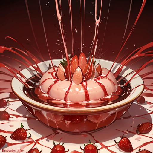 A pastry chef covered in boiling strawberry insect parfait ramen serving a large strawberry insect、Amazing dynamism、Amazing Angle、Unstable buoyancy sandstorm、(((Many friendly strawberry insects float closely together and chase each other.)))、surround each other'large strawberry bug、
