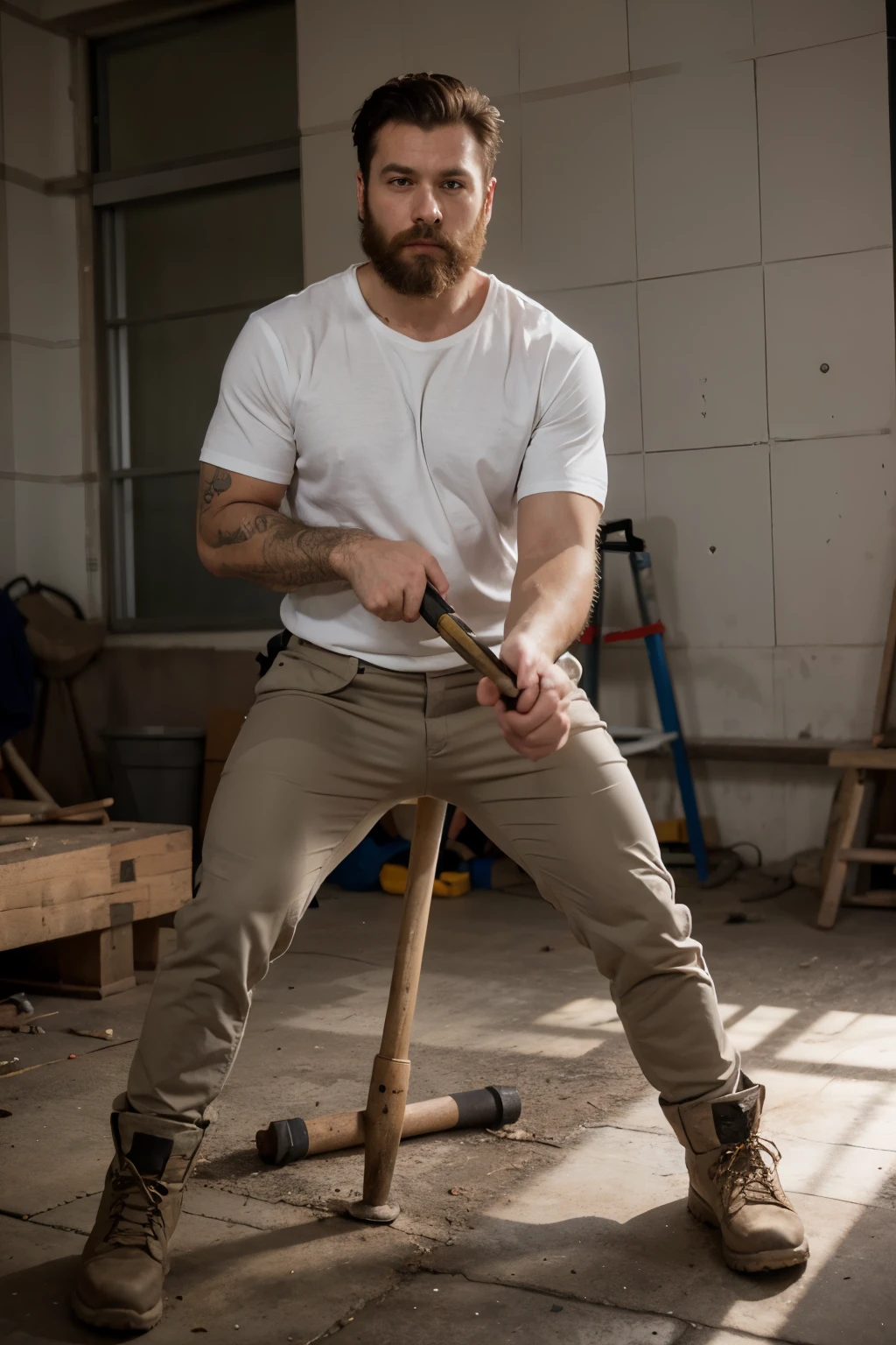 Bearded man wearjng a white shirt and khaki pants and work boots wielding Big hammer