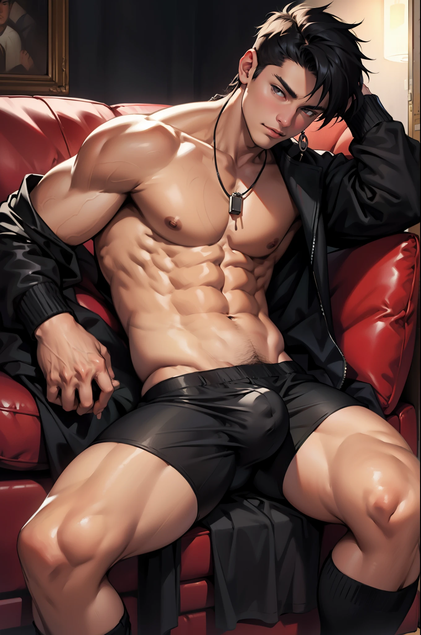 Realistic 18 year old latin fetus male with double cyst wearing black slimming body with big bulge lying on sofa,no pant