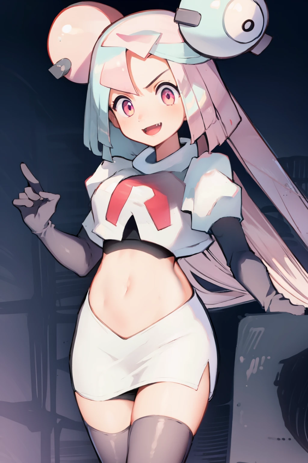 iono,1 girl,pink eyes,solo,smile,open mouth,fangs ,team rocket,team rocket uniform,white skirt,red letter R,crop top,black thigh-highs,black elbow gloves,