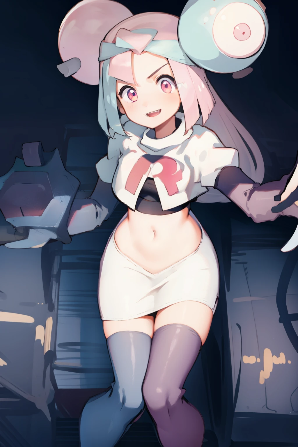 iono,1 girl,pink eyes,solo,smile,open mouth,fangs ,team rocket,team rocket uniform,white skirt,red letter R,crop top,black thigh-highs,black elbow gloves,