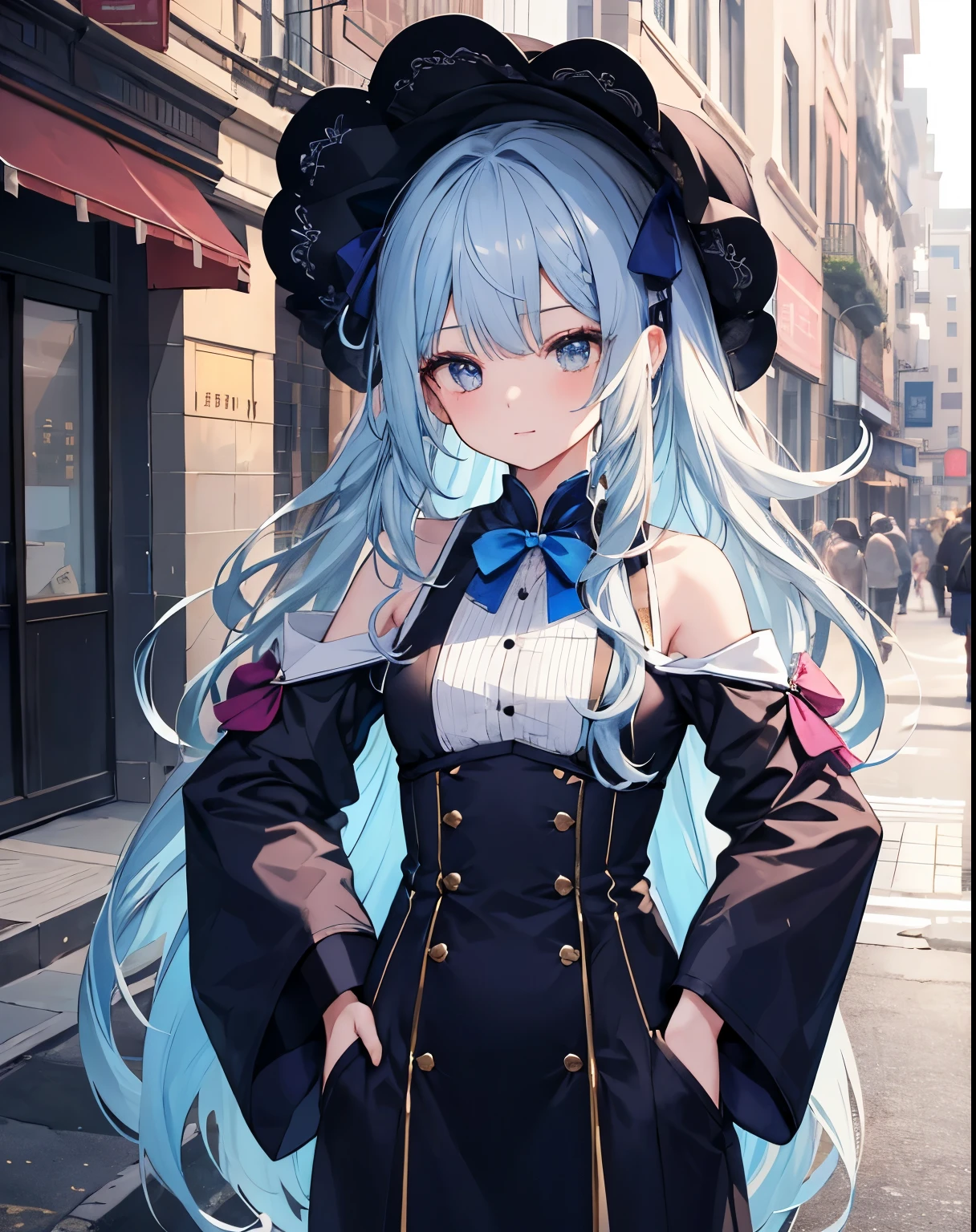 tmasterpiece,1girll,独奏,long whitr hair,blue hairs,连bonnet衫,cropped shoulders:1.2,bonnet,the street,hand on hips,hand on pockets,