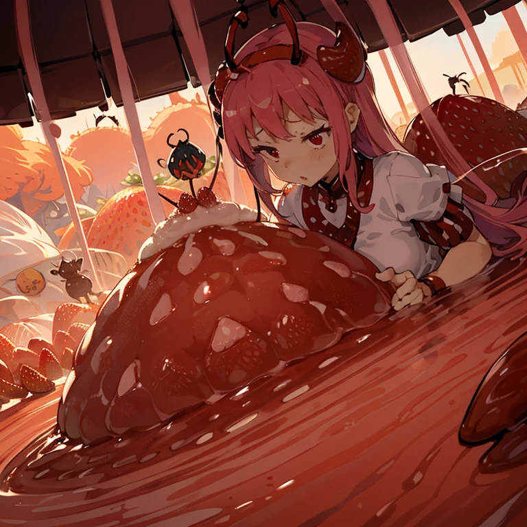 A pastry chef covered in boiling strawberry insect parfait ramen serving a large strawberry、Amazing dynamism、Amazing Angle、Unstable buoyancy sandstorm、(((Many friendly large strawberry insects float closely together and chase each other.)))、surround each other'large strawberry bug、
