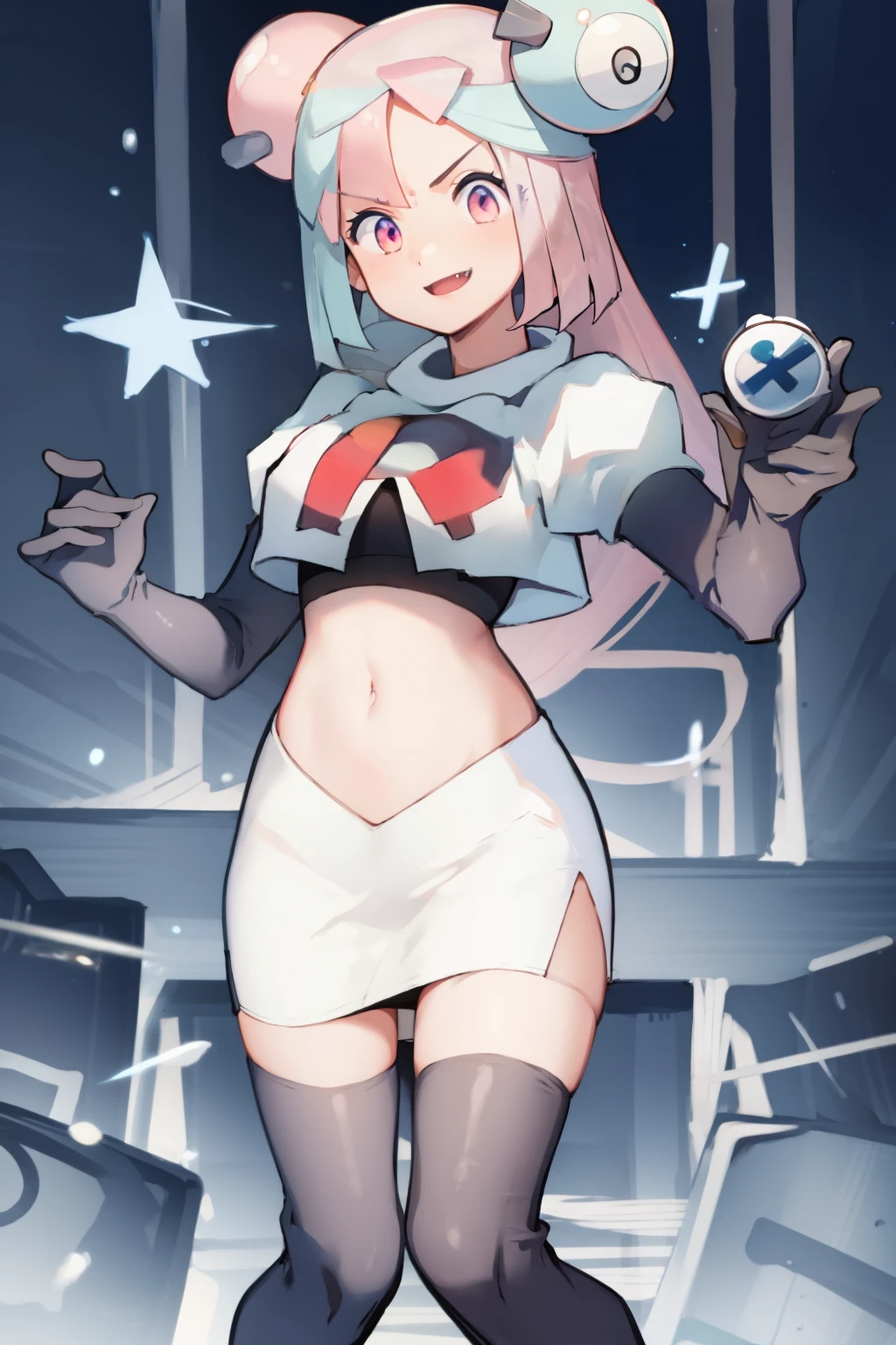 iono,1 girl,pink eyes,solo,smile,open mouth,fangs ,team rocket,team rocket uniform,white skirt,red letter R,crop top,black thigh-highs,black elbow gloves,