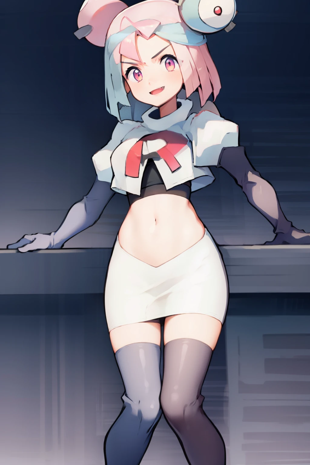 iono,1 girl,pink eyes,solo,smile,open mouth,fangs ,team rocket,team rocket uniform,white skirt,red letter R,crop top,black thigh-highs,black elbow gloves,