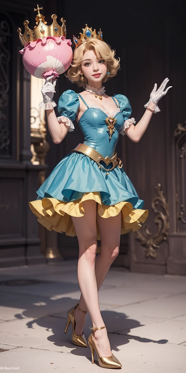 (masterpiece, best quality:1.2), 1girl, solo, (flat color:1.1), (princess peach:1.1), from the mario franchise, pink and gold, long blonde hair, large breasts, pink dress with puffy sleeves, white gloves, pink high heels, blue eyes, gold crown, royal demeanor, standing in the mushroom kingdom, waving with a warm smile, hopeful and kind expression, ( background:0.3), (solid circle eyes:0.7)