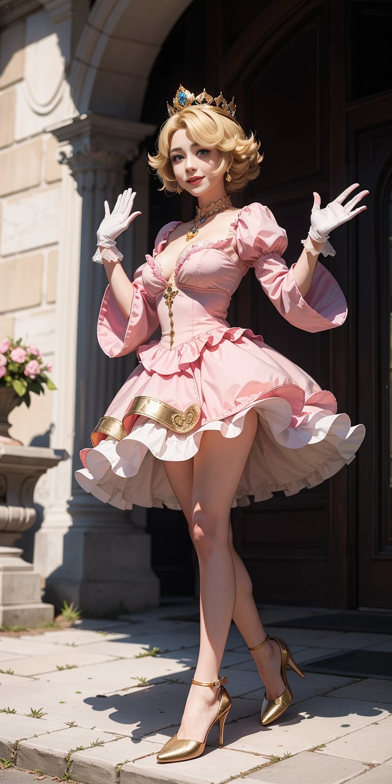 (masterpiece, best quality:1.2), 1girl, solo, (flat color:1.1), (princess peach:1.1), from the mario franchise, pink and gold, long blonde hair, large breasts, pink dress with puffy sleeves, white gloves, pink high heels, blue eyes, gold crown, royal demeanor, standing in the mushroom kingdom, waving with a warm smile, hopeful and kind expression, ( background:0.3), (solid circle eyes:0.7)