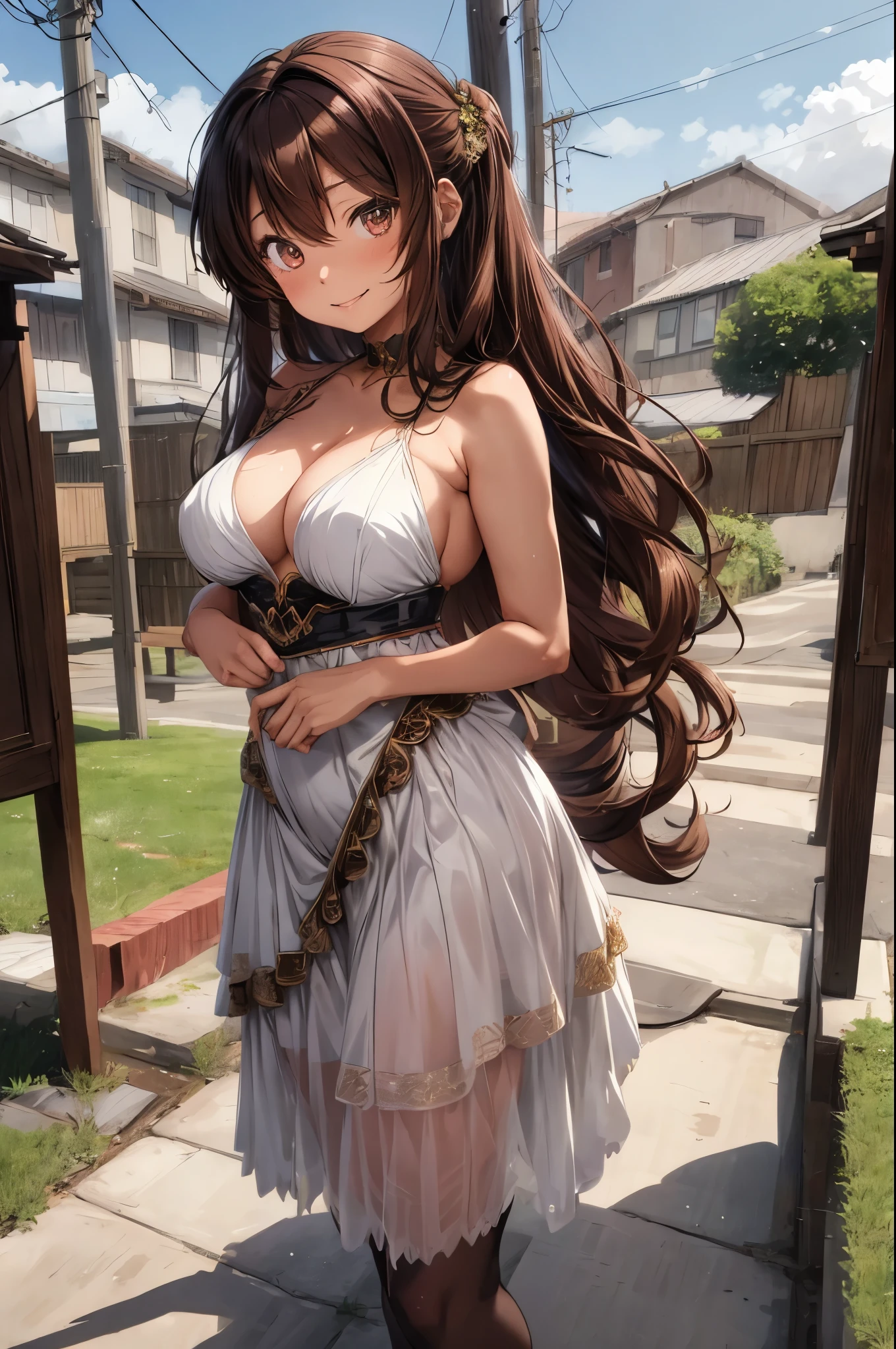 (flat color:1.1),(masterpiece:1.2), best quality, masterpiece, original,brown curled hair, (mature anime woman looking at the camera with a shy smile:1.2), wearing a sexy bridal outfit on a field
