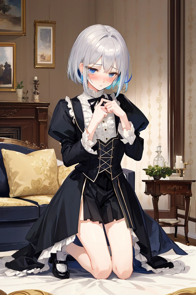 Perfect human body,1pc(Libido boy), silver prince,short detailed hair,(Very detailed living room background), Victorian style,校服,((The expression of color)), (Blushlush:1.2), Kneeling,
