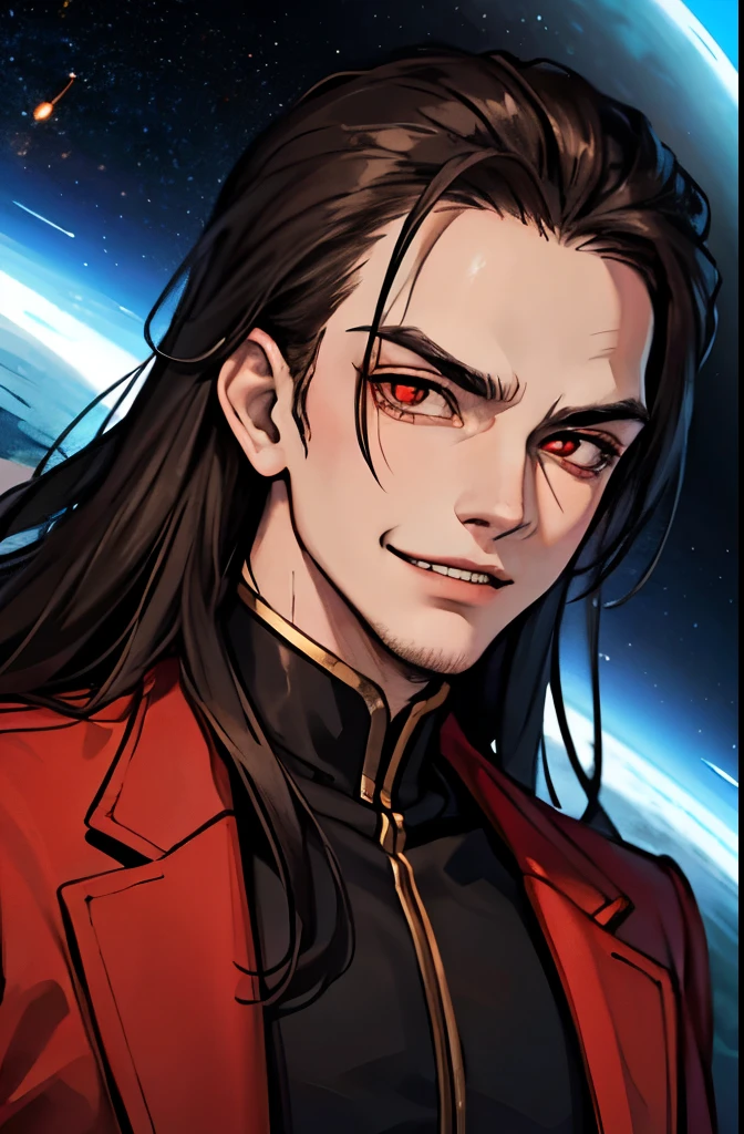 masterpiece, best quality, 1 male, adult, 25 years old, evil look, evil smile, evil, red eyes, martial clothes, Dark hair, long hair, folded forehead, vicious face, Dark theme, in space, front-facing, (upper body)