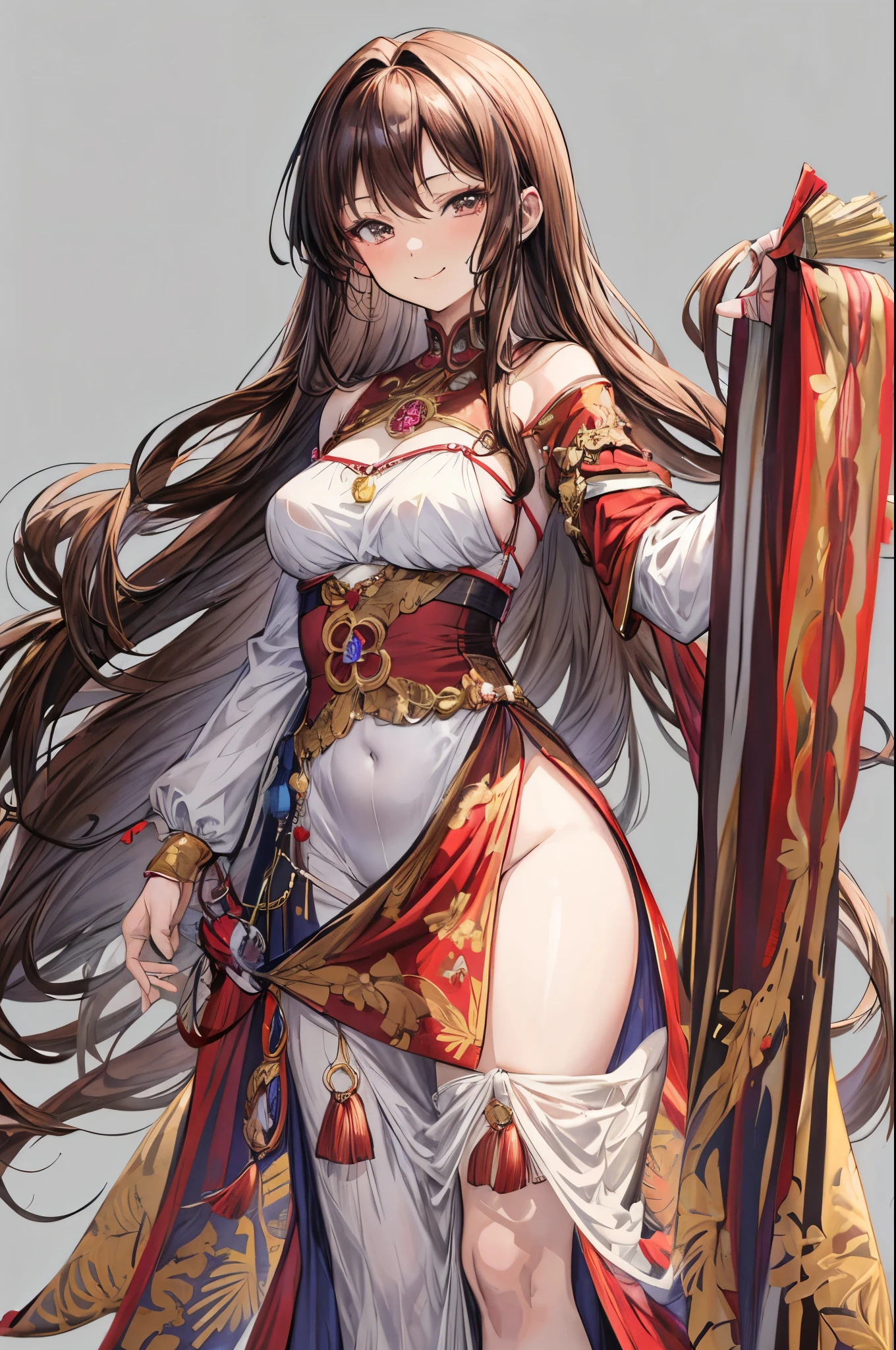 (flat color:1.1),(masterpiece:1.2), best quality, masterpiece, original,brown curled hair, (mature anime woman looking at the camera with a shy smile:1.2), wearing a sexy western bridal outfit, simple field bg