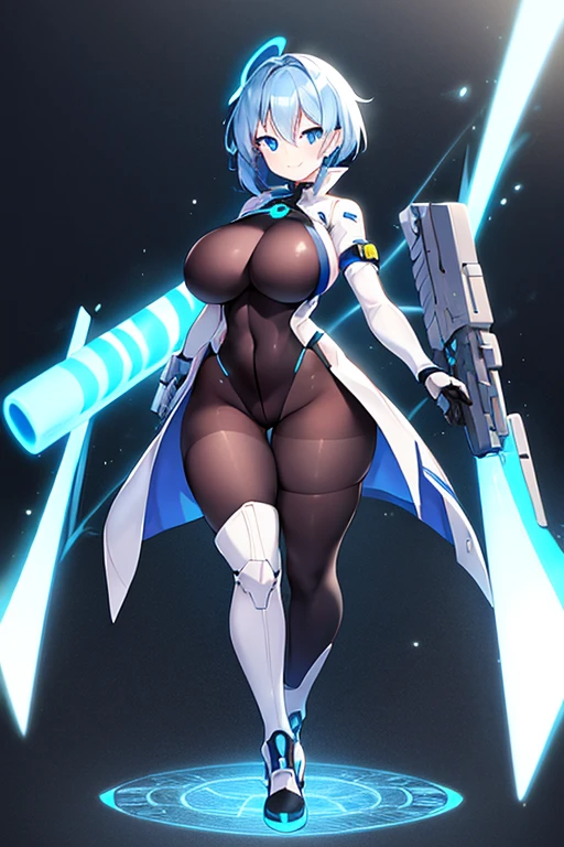 1girl, white skin, light skin, smile, light smile, blue hair, short hair, blue eyes, large breasts, breasts, wide hips, black bodysuit, black clothes, black pantyhose, bodysuit, sleeves, short sleeves, pantyhose, futuristic, science-fiction, neon trim, neon, full_body, ((full body)), standing, cannon, arm cannon, gun