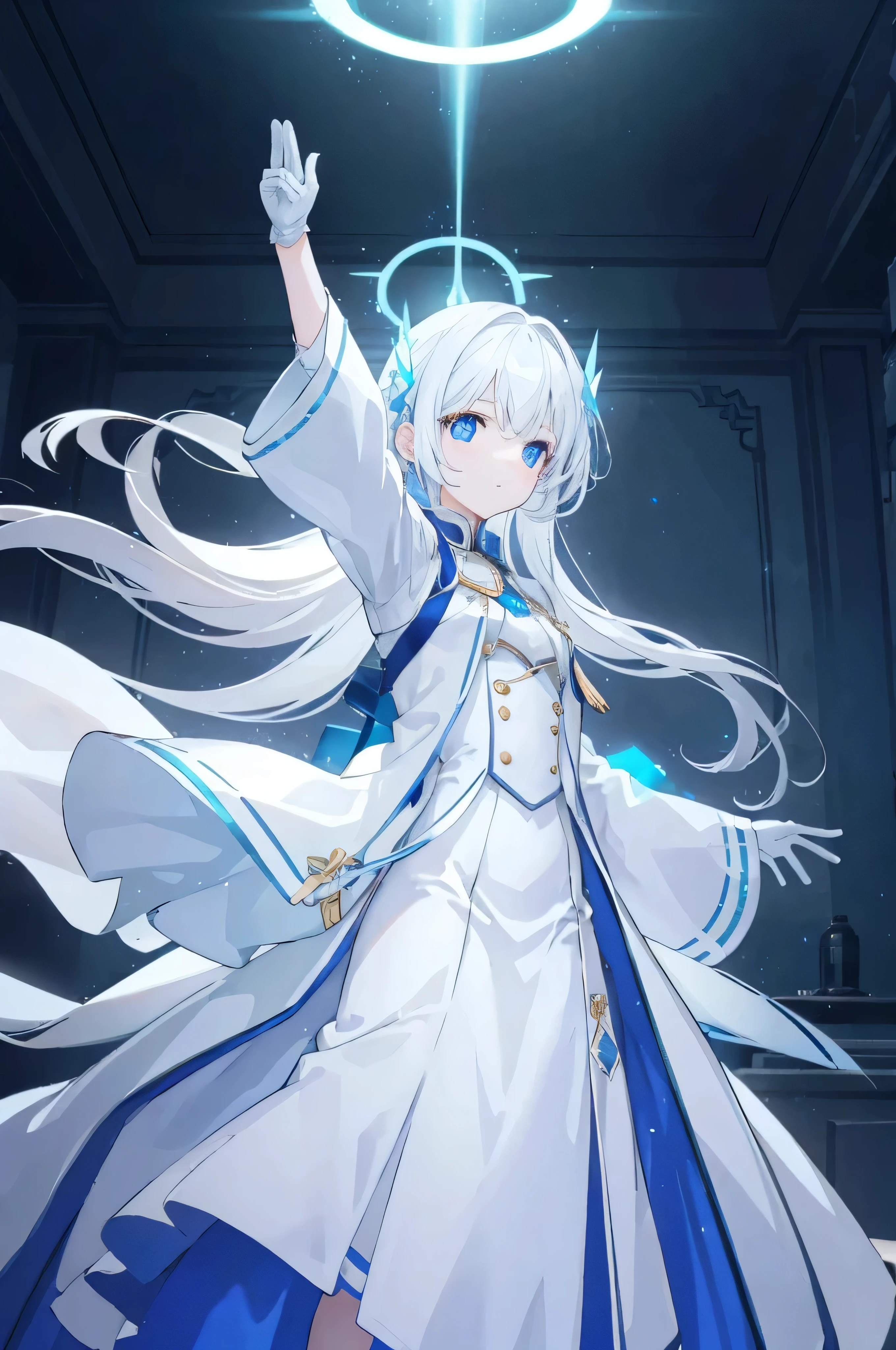 Women's hands,greenhorn,Wear white gloves,Stretch your fingers flat and point upward,Normal fingers big blue eyes,The eyes glow blue light,Eyes have blue light,Hair has turned white,White hair