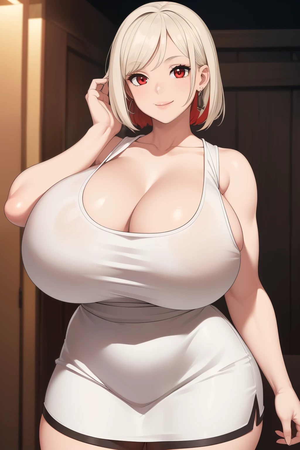 Highly detailed, High Quality, Masterpiece, beautiful, TifaOG, white tank top, black miniskirt, 1girl, solo, cowboy shot, light smile, arm behind back, red eyes (huge breasts:1.5)