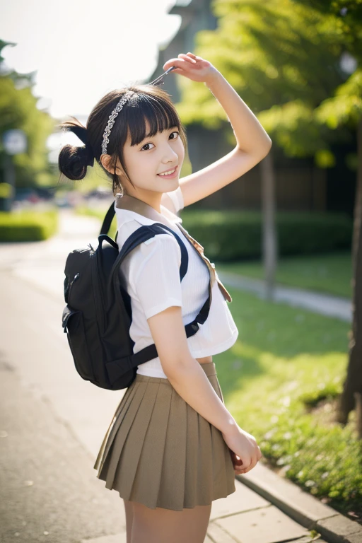 (((​masterpiece))),  (One beautiful Japan girl, classmates, landscape and innocence，kawaii) ，超A high resolution, Realistic, ultra-detailliert, 8K,top-quality, Extremely detailed, Detailed background,A slender,very beautiful japanese girl, Detailed face:1.3), (Boyish short-haired，A dark-haired :1.4), (a ，kawaii系,adorable 14 year oPerfect body:1.1),  (Brown blazer, Light brown pleated mini skirt), The best smile,Please show me your beautiful teeth,Super Detailed Face、Detailed lips、A detailed eye、small gravure idol，Transparent skin、Lori，Japanese high school uniform with the school emblem on the chest，Carrying a backpack，((The wind blows and the skirt flips up, A glimpse of cute white panties))，Hair swaying in the wind，smil，[[The cherry tree]]You can see the school building in the background、Neutral Lighting，posterior view、Enlarge the buttocks、Looking up from the ground，あなたのPlease show me your beautiful teeth、 playful pose, natural beauty,Warm tones