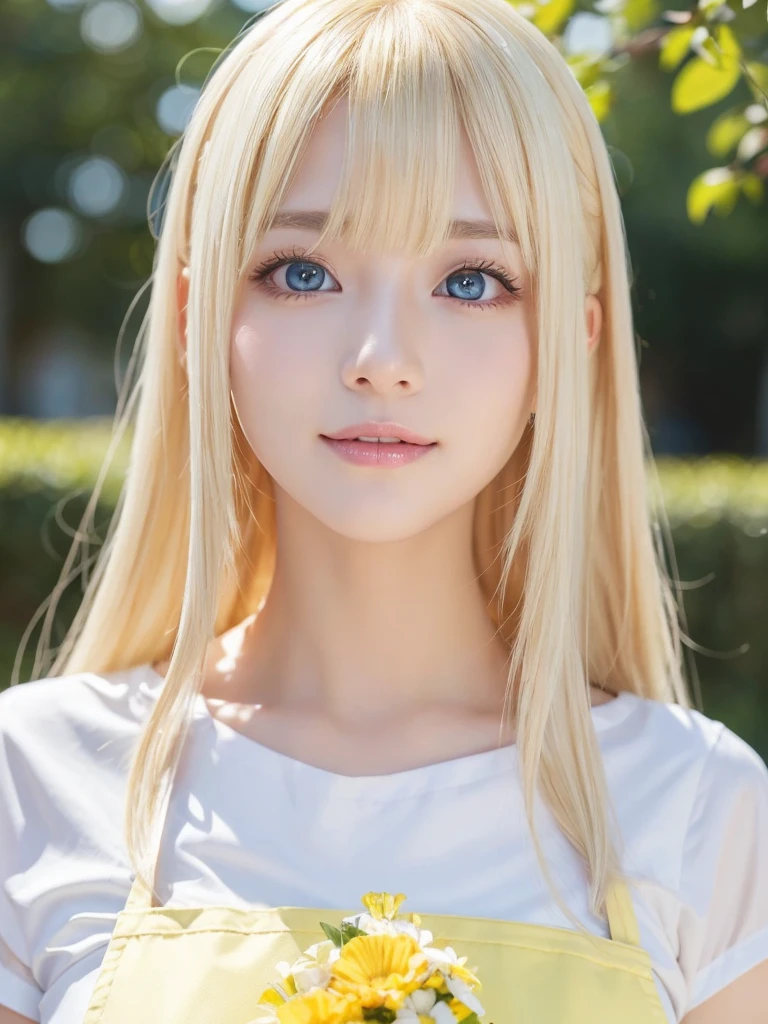 (a closeup:1.4)、(RAW shooting:1.2)、(Photorealsitic:1.4)、(masterpiece:1.3)、(top-quality:1.4)、bright expression、very beautiful blonde girl、Extraordinary blonde beauty、Detailed cute and beautiful face、Beautiful bangs、Glowing white shiny skin、facial hairs、Bangs that extend to the face、Bangs between the eyes、Super long blonde hair、Attractive bright platinum blonde super long straight silky hair、finer hair、Attractive glowing beautiful bright clear light blue big eyes、White Apron、Yellow dress、eye liner、Double eyelids、Lush bust、The upper part of the body、cheek gloss highlight