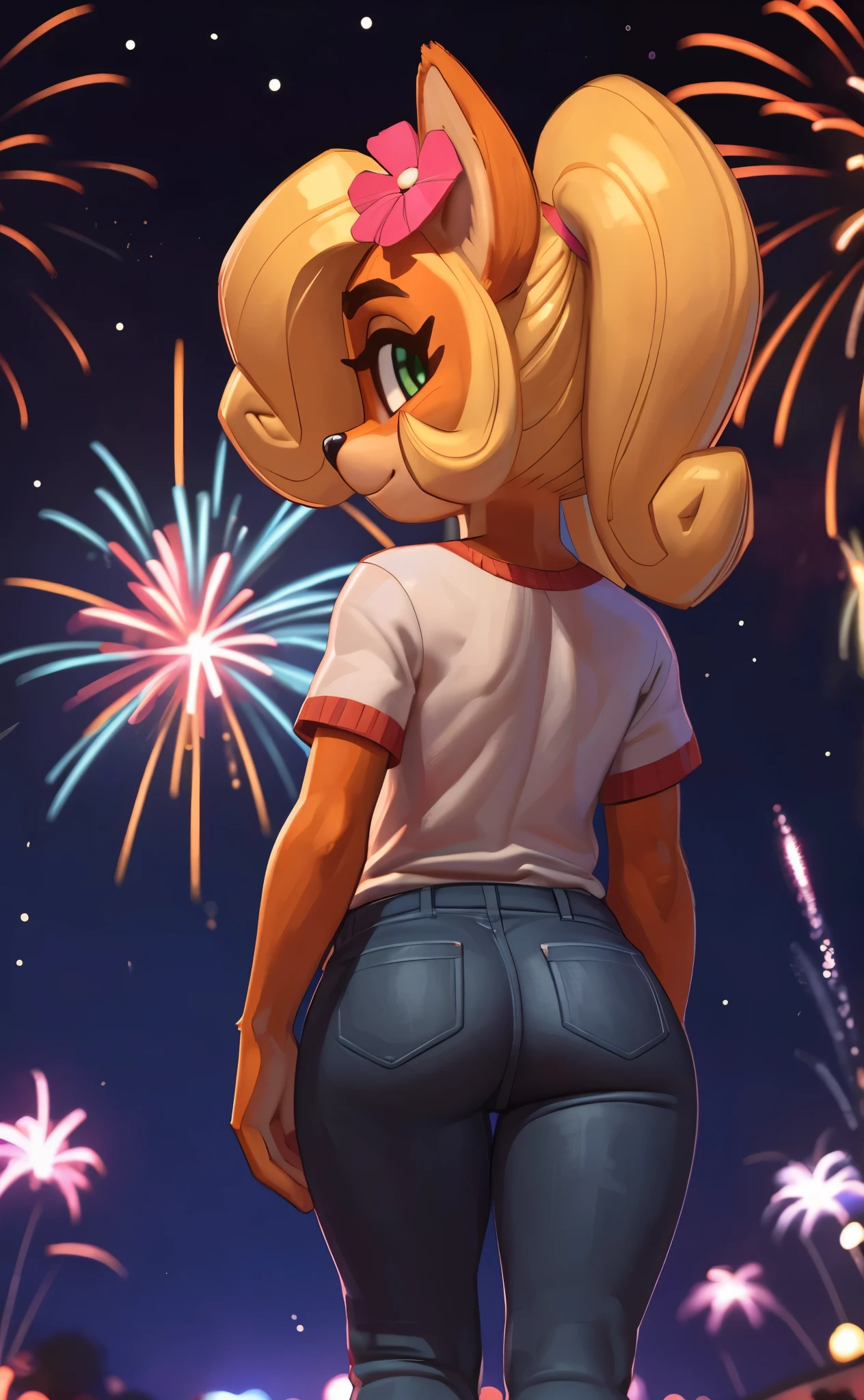 [Coco bandicoot], [Uploaded to e621.net; (Pixelsketcher), (wamudraws)], ((masterpiece)), ((HD)), ((solo portrait)), ((full body)), ((back view)), ((feet visible)), ((furry; anthro)), ((detailed fur)), ((detailed shading)), ((beautiful render art)), ((intricate details)), {anthro; orange fur, black nose, (cute green eyes), (short eyelashes), (long blonde curly hair), (curvy hips), (beautiful legs), (blushing), (cute smirk)}, {(white tee shirt), (tight jeans), (pink sneakers), (pink flower in hair)}, {(standing), (watching fireworks), (looking back), (looking at viewer)}, [background; (tropical forest), (beach), (party), (neon lights), (fireworks in sky), (nighttime), (starry sky), (ambient lighting)]