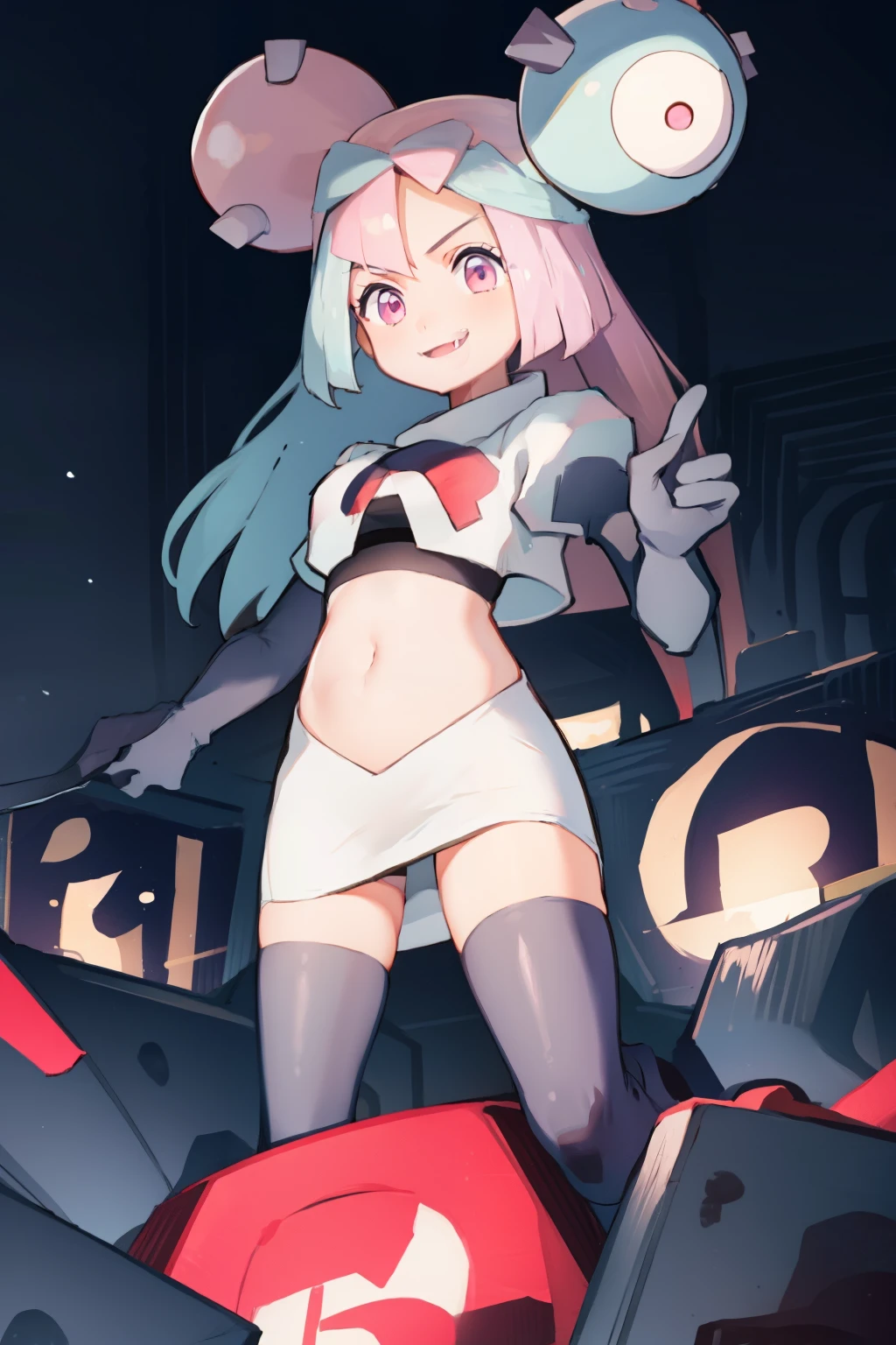 iono,1 girl,pink eyes,solo,smile,open mouth,fangs ,team rocket,team rocket uniform,white skirt,red letter R,crop top,black thigh-highs,black elbow gloves,