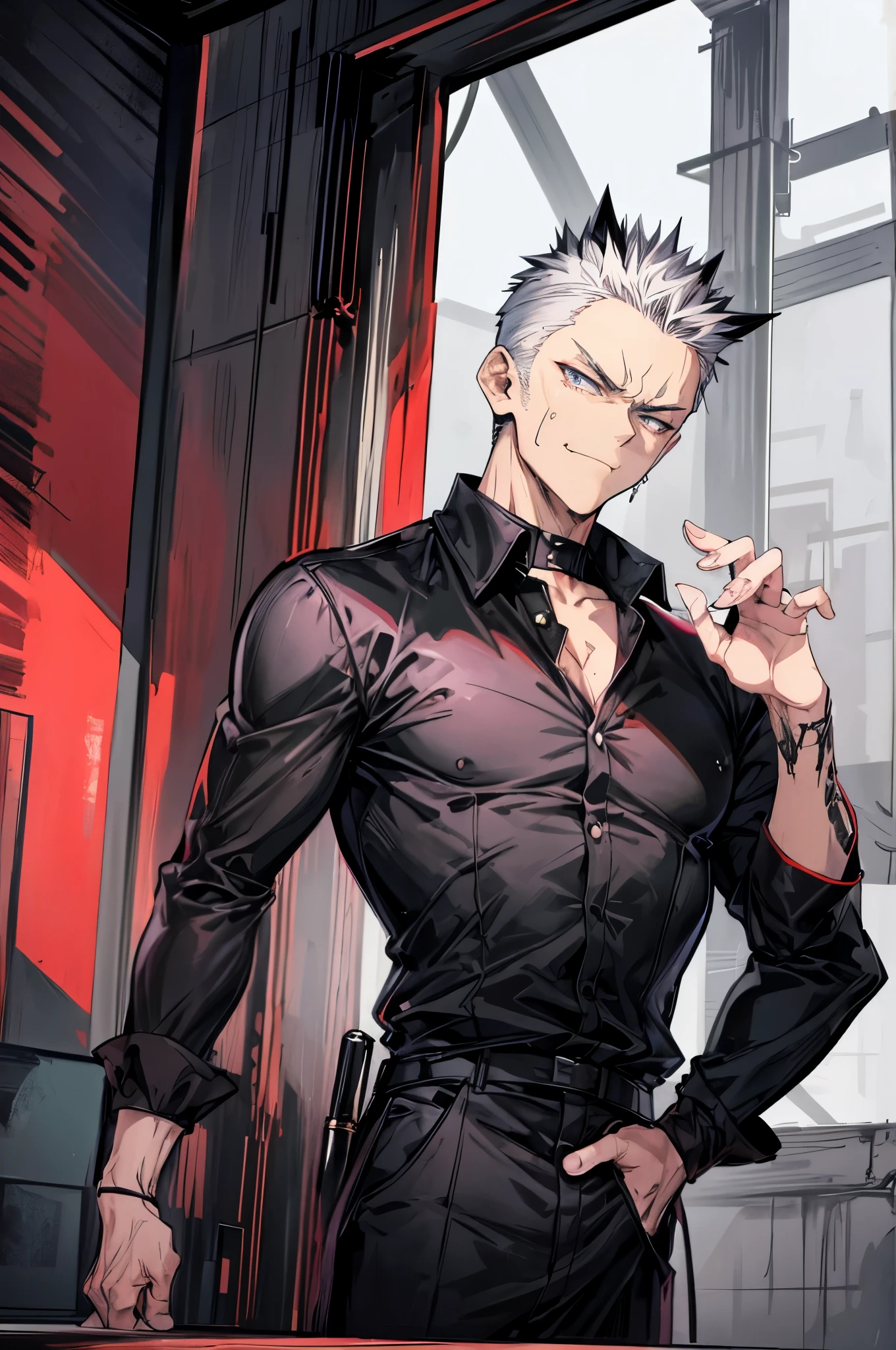(flat color:1.1),(masterpiece:1.2), best quality, masterpiece, original,short black spiky hair, (mature handsome anime man looking at the camera with a smug expression:1.2), wearing prison uniform, convicted felon