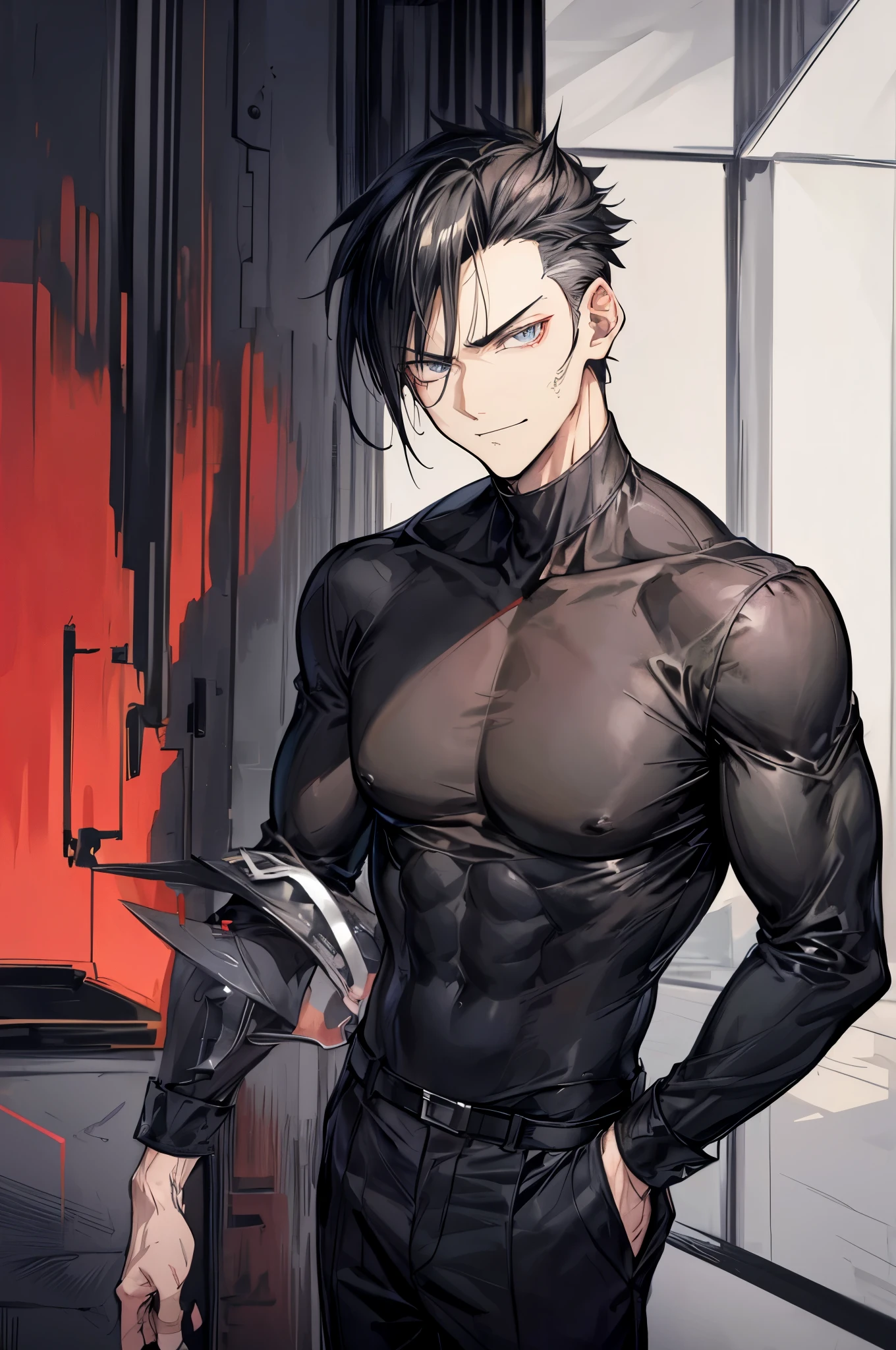 (flat color:1.1),(masterpiece:1.2), best quality, masterpiece, original,short black spiky hair, (mature handsome anime man looking at the camera with a smug expression:1.2), wearing prison uniform, convicted felon